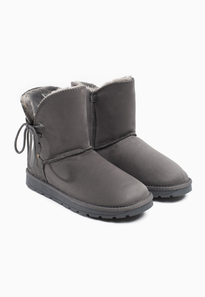 Paire de bottines fourrées Asha gris foncé de trois-quarts, lacets noués sur le côté
