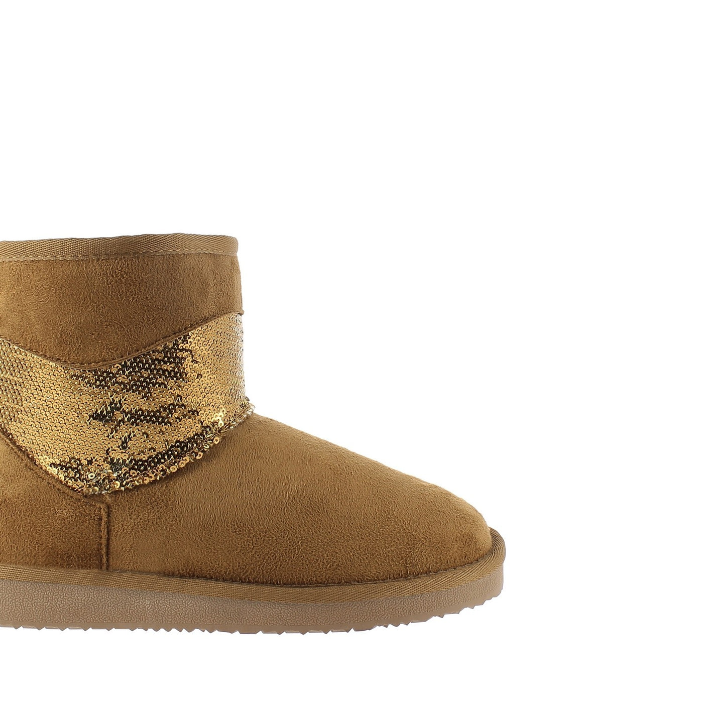 Bottine fourrée Carthage camel de profil côté opposé, microfibre mate au-dessus du bandeau