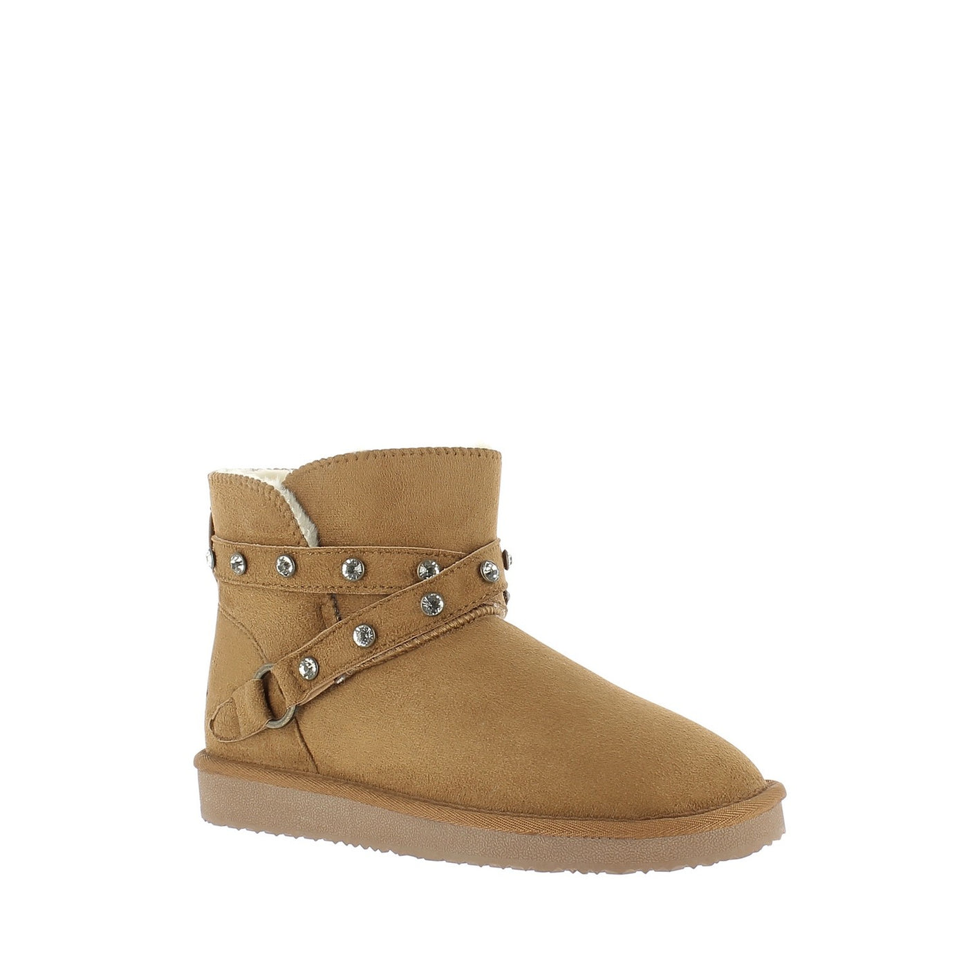 Bottine fourrée Chester camel de profil, deux brides croisées serties de strass