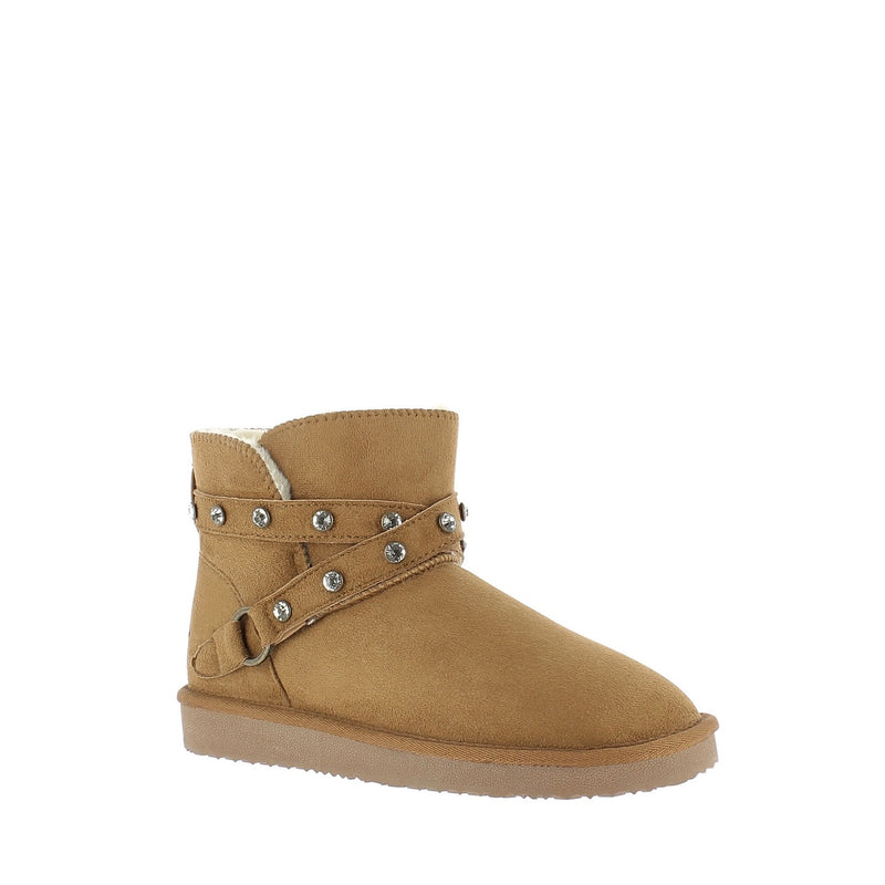 Bottine fourrée Chester camel de profil, deux brides croisées serties de strass