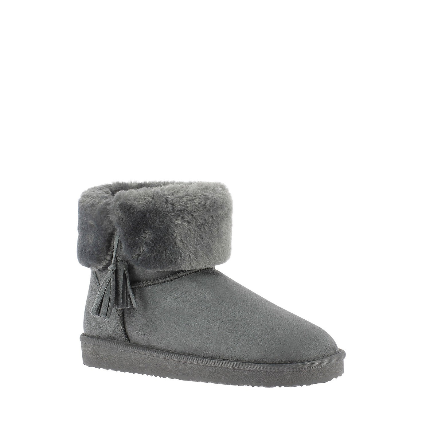 Les bottines fourrées Clary gris foncé côte à côte, de trois-quarts, revers ton sur ton