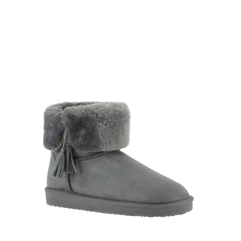 Les bottines fourrées Clary gris foncé côte à côte, de trois-quarts, revers ton sur ton