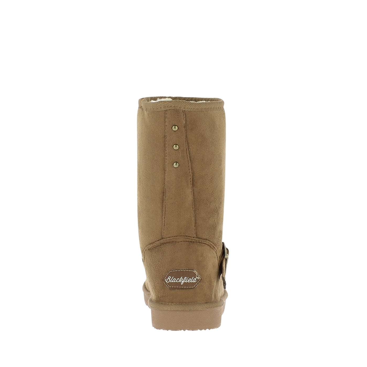 Bottine fourrée Cooper camel de dos, trois clous dorés et étiquette au talon