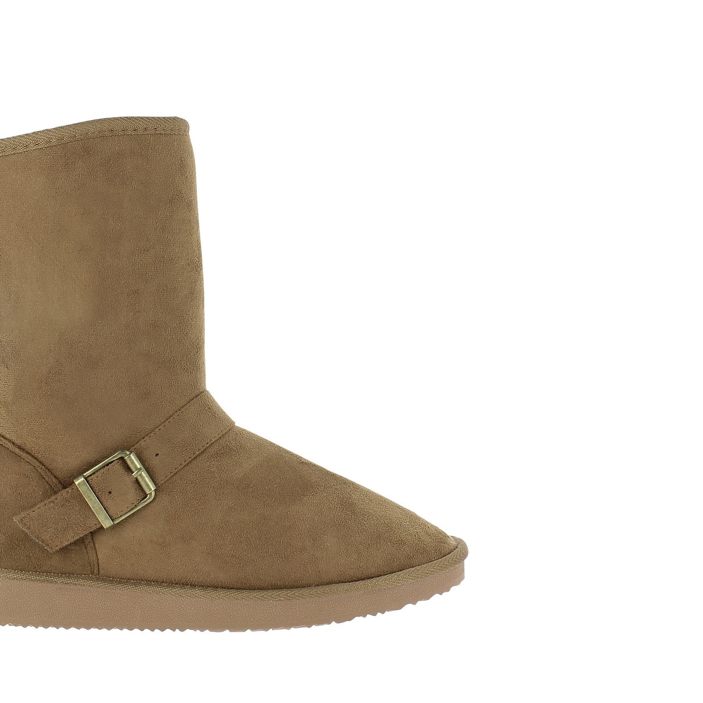 Boucle dorée de la bottine fourrée Cooper camel vue de près sur sa bride