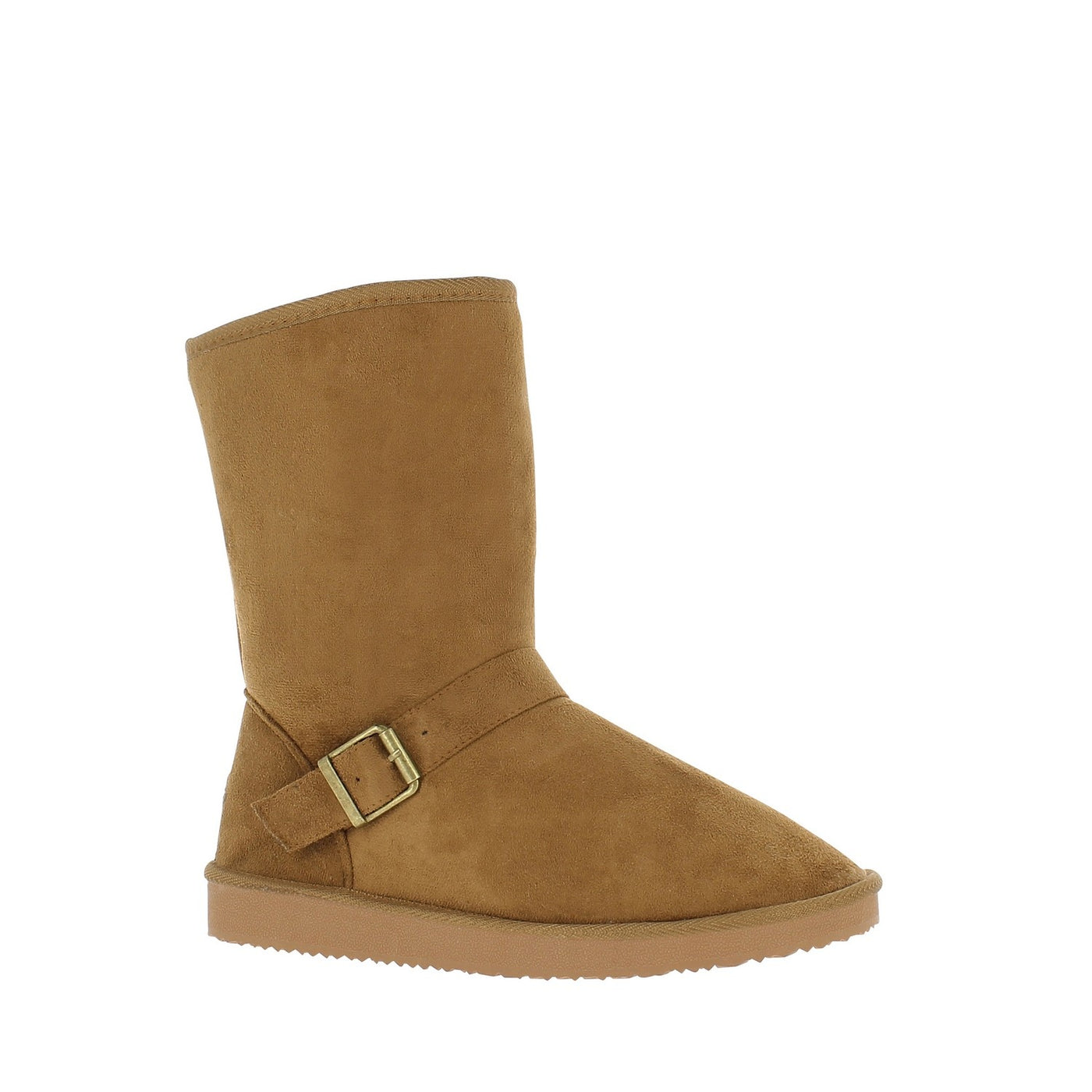 Bottine fourrée Cooper camel de profil, bride à boucle dorée sur le cou-de-pied