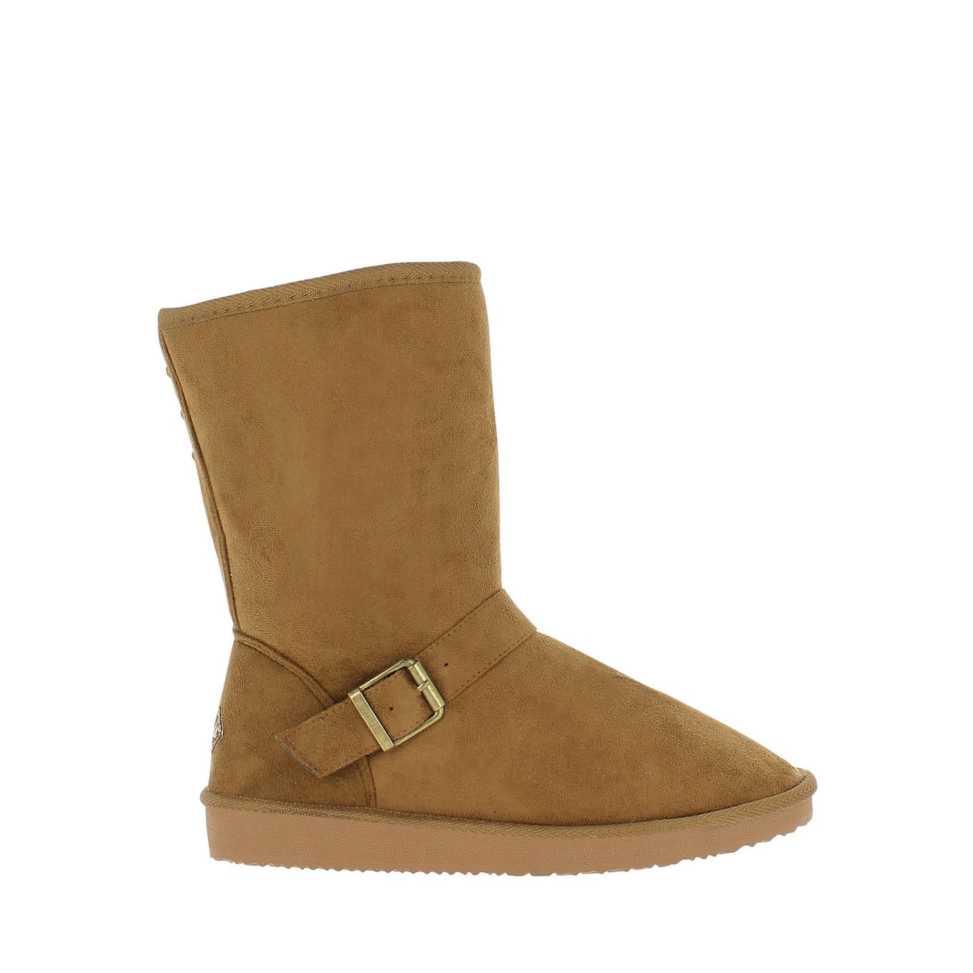 Bottine fourrée Cooper camel de trois-quarts face, boucle laiton et tige souple