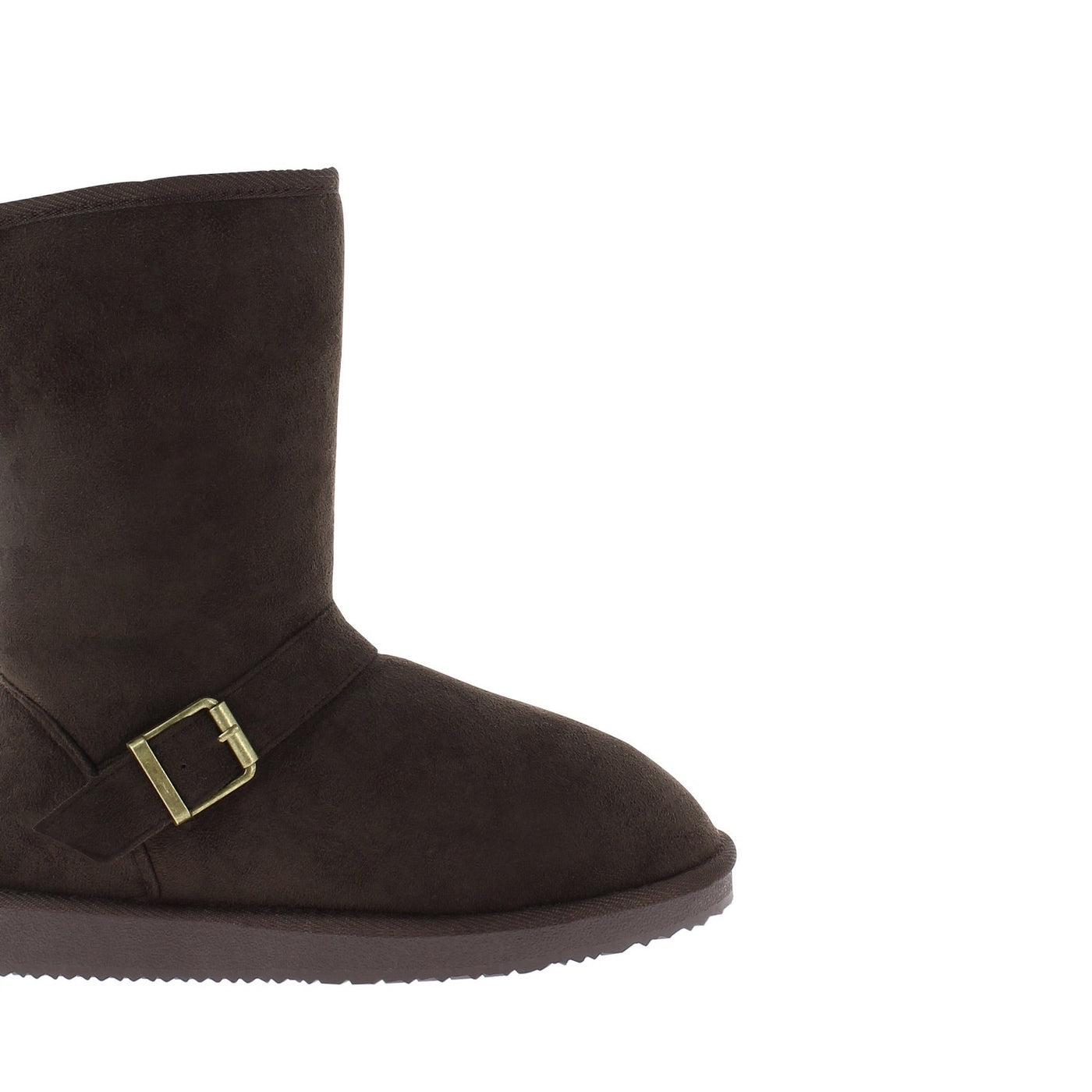 Bride et boucle dorée de la bottine fourrée Cooper marron vues de près