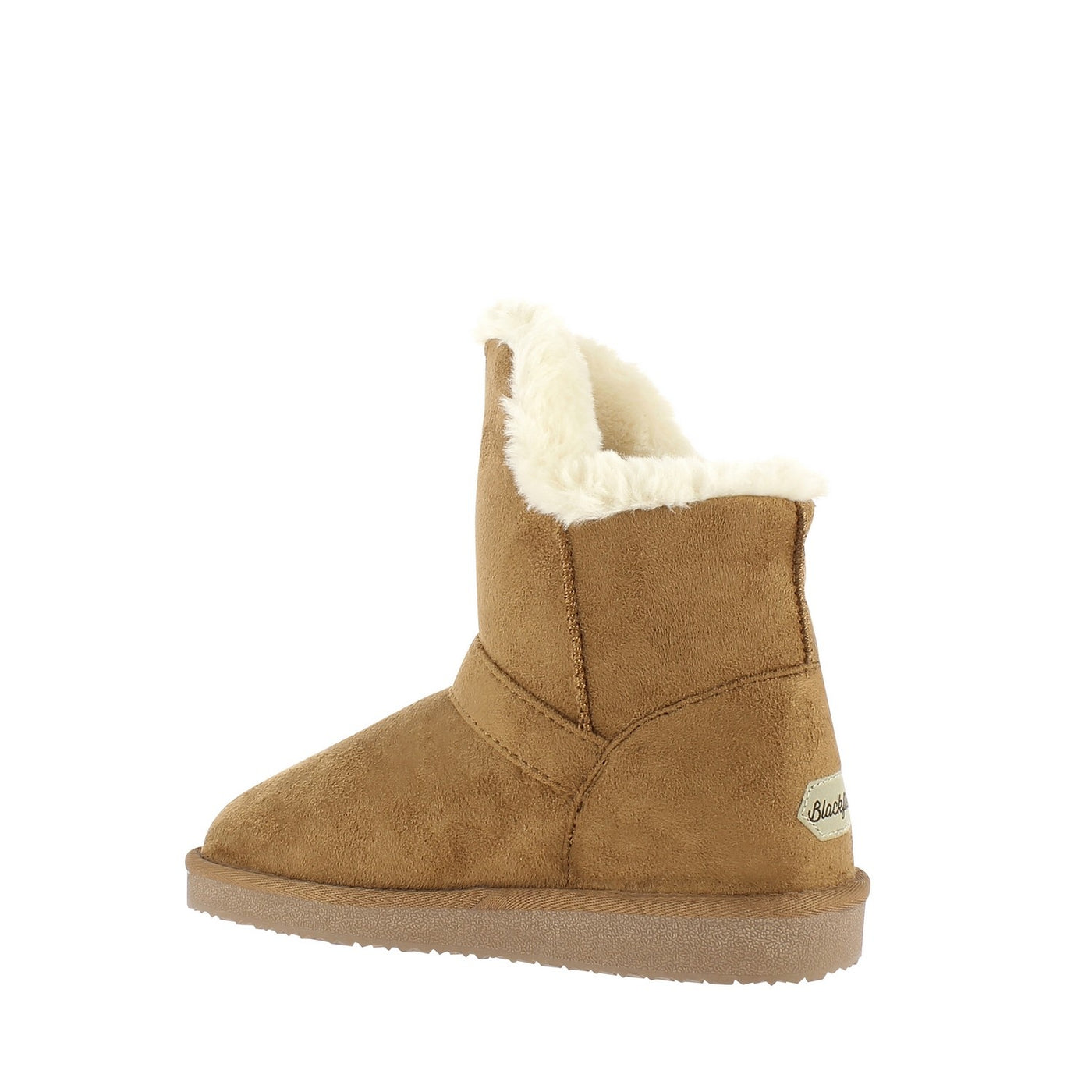Bottine fourrée Cora camel de dos, col crème ouvert et étiquette au talon