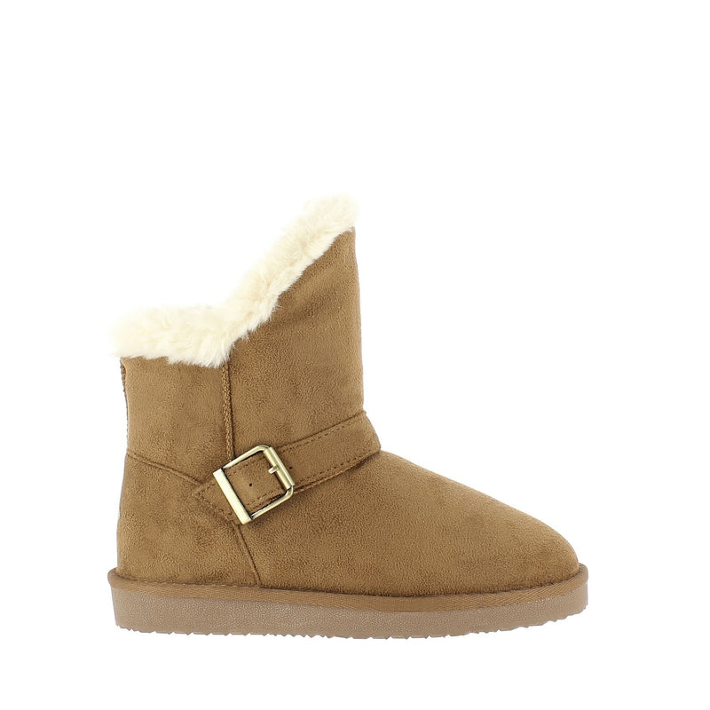 Bottine fourrée Cora camel de trois-quarts face, boucle dorée sur sa bride