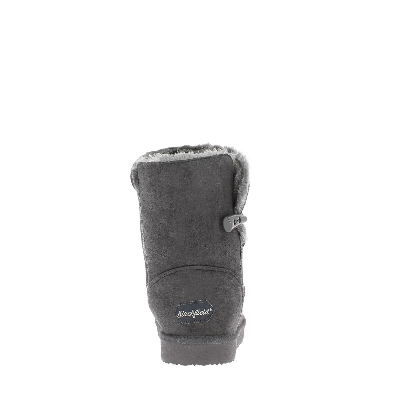 Bottine fourrée Anais gris foncé vue de dos, signature Blackfield brodée au talon