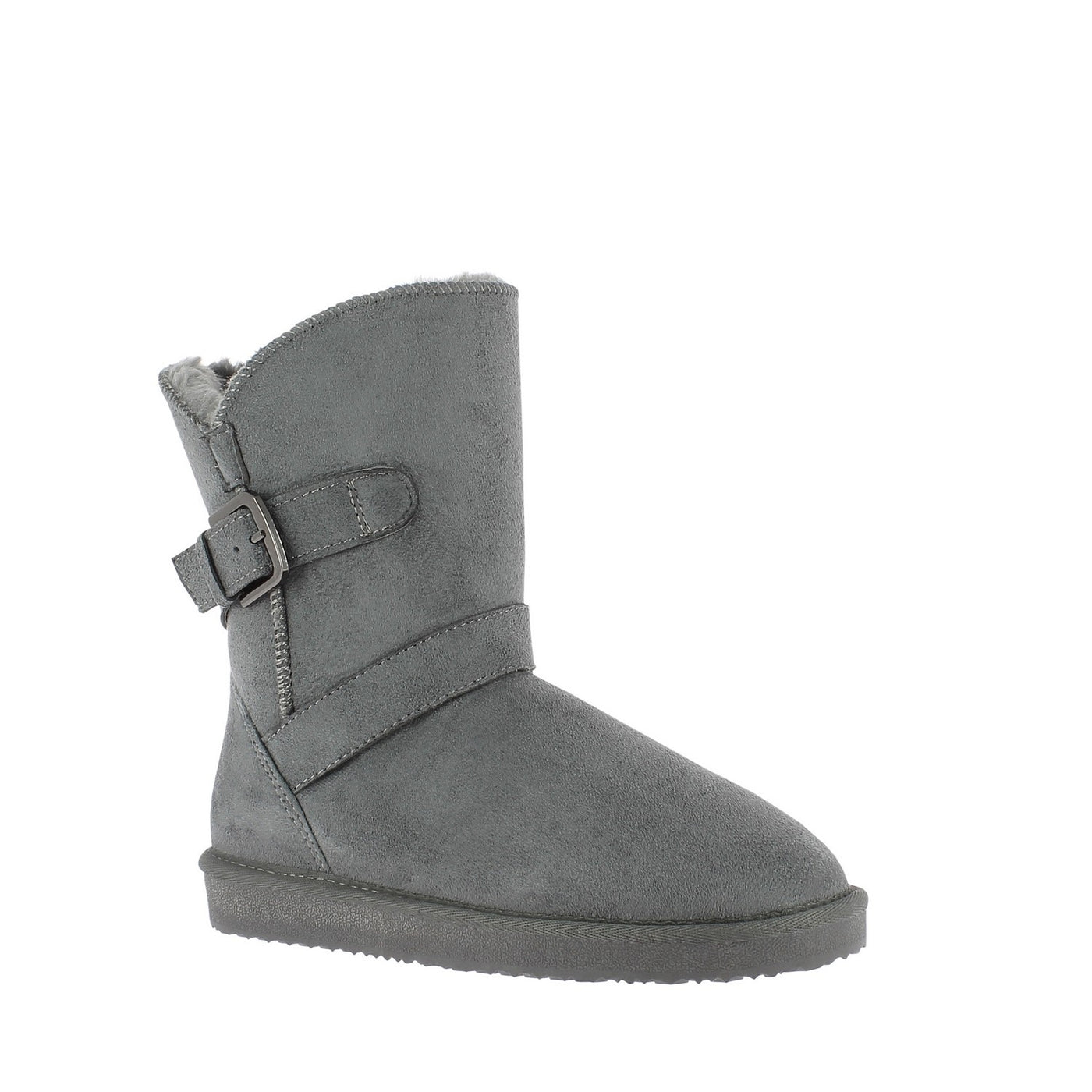 Bottine fourrée Eden gris foncé de profil, boucle argentée sur la sangle haute