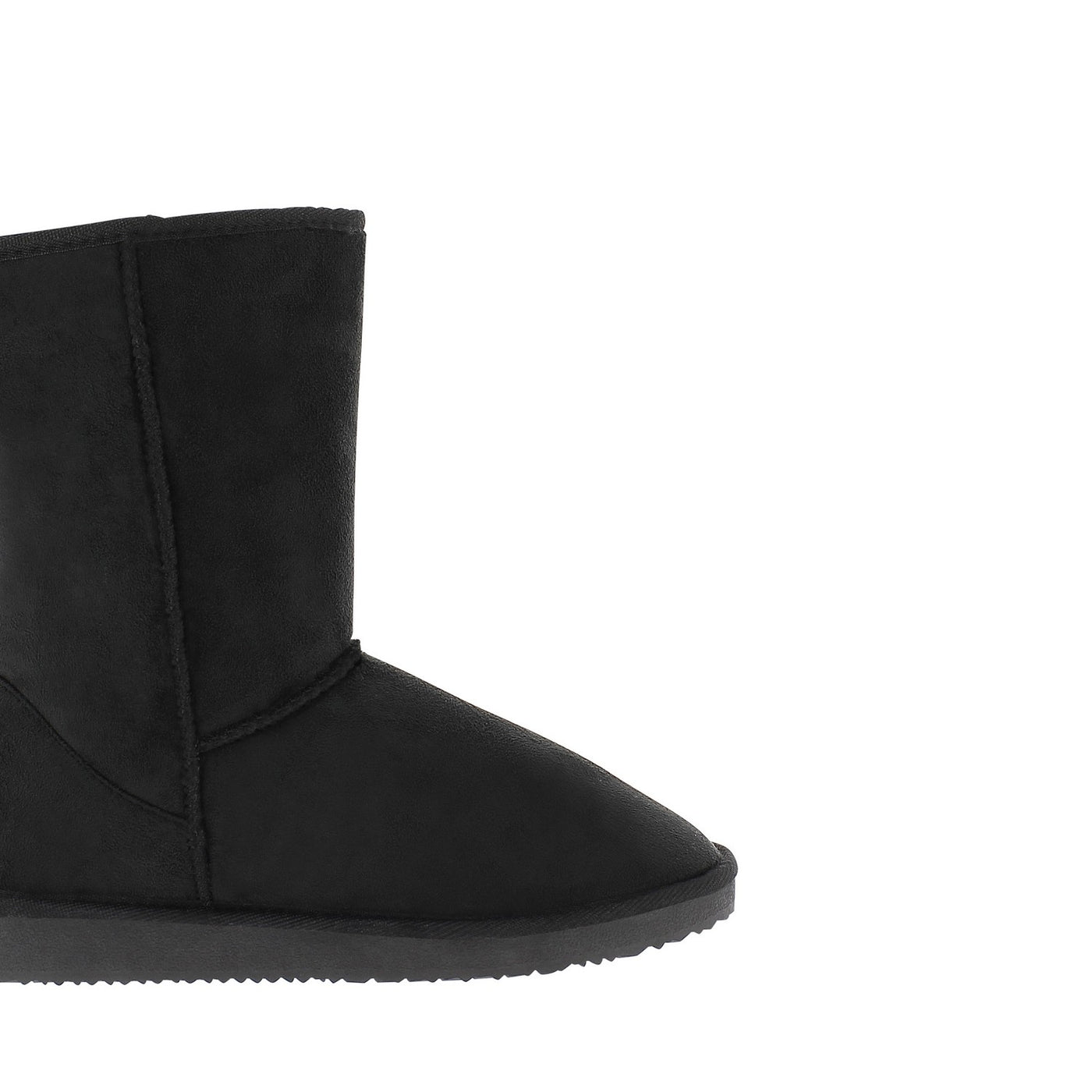 Botte fourrée Joy noire vue de près, arc de couture au-dessus des orteils