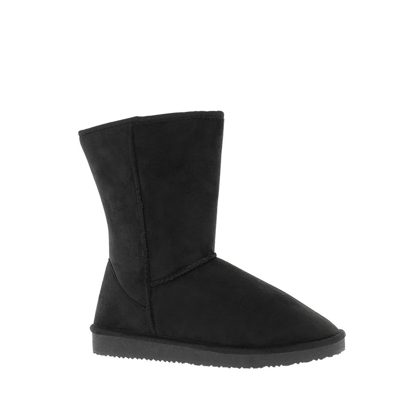 Botte fourrée Joy noire de profil, tige mi-mollet mate et semelle crantée