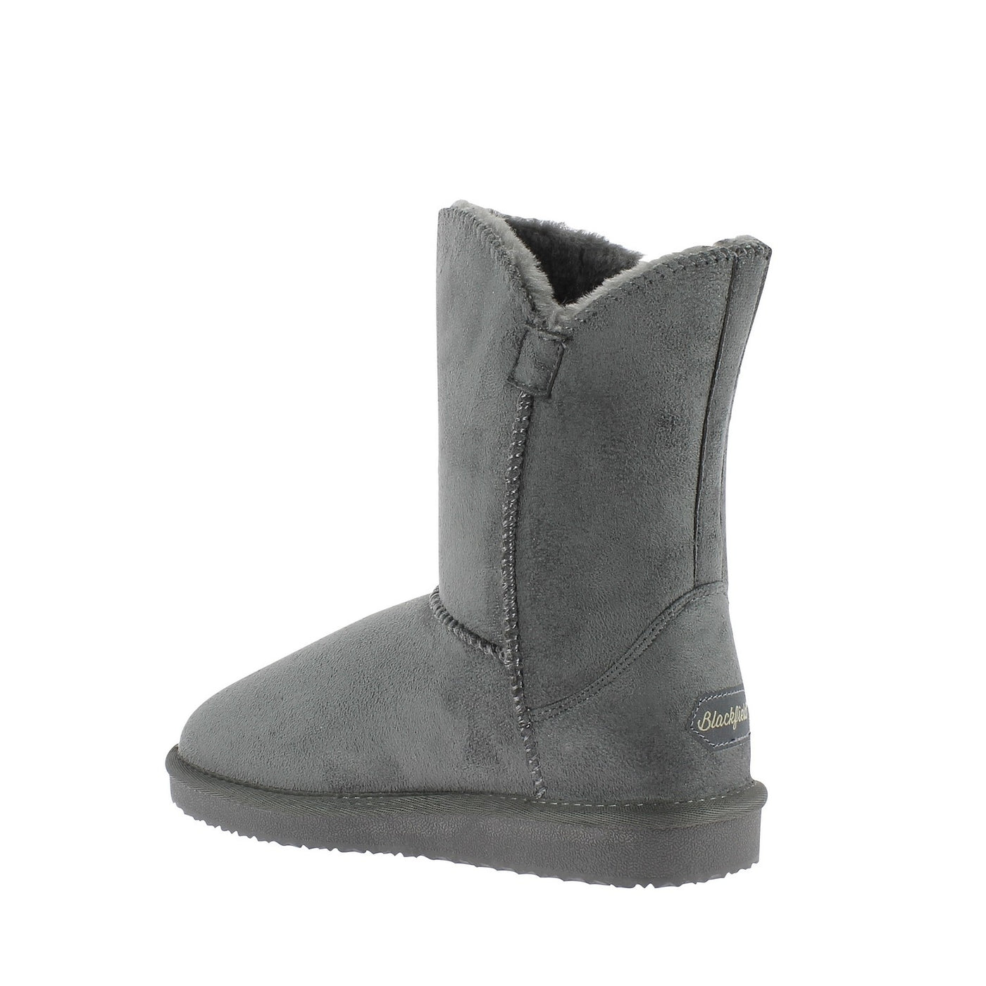 Bottine fourrée Ocean gris foncé de trois-quarts, signature Blackfield dorée au quartier