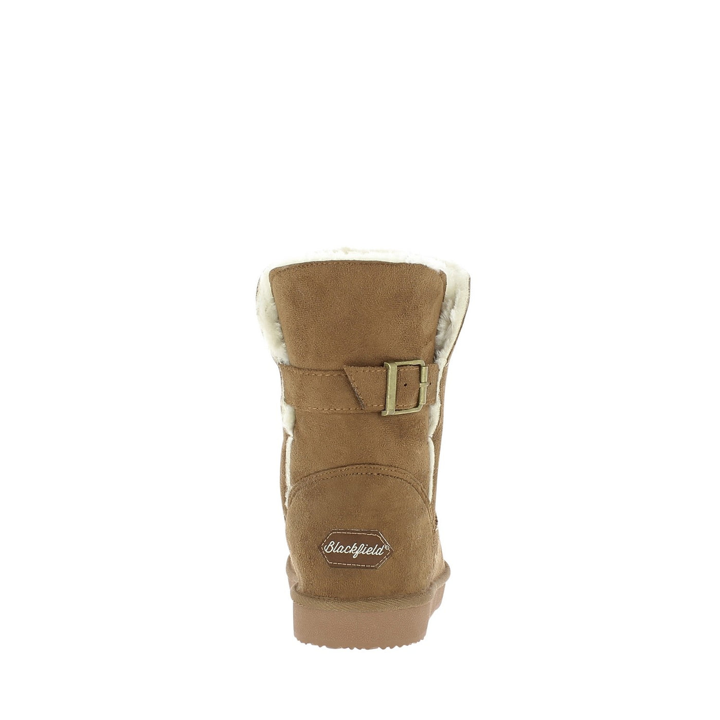 Bottine fourrée Beech camel vue de dos, étiquette Blackfield ovale posée au talon
