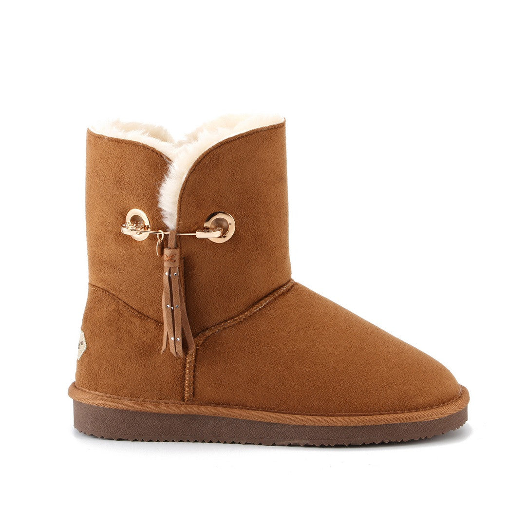 Bottine fourrée Clair camel de l'autre côté, glands de microfibre le long de la tige