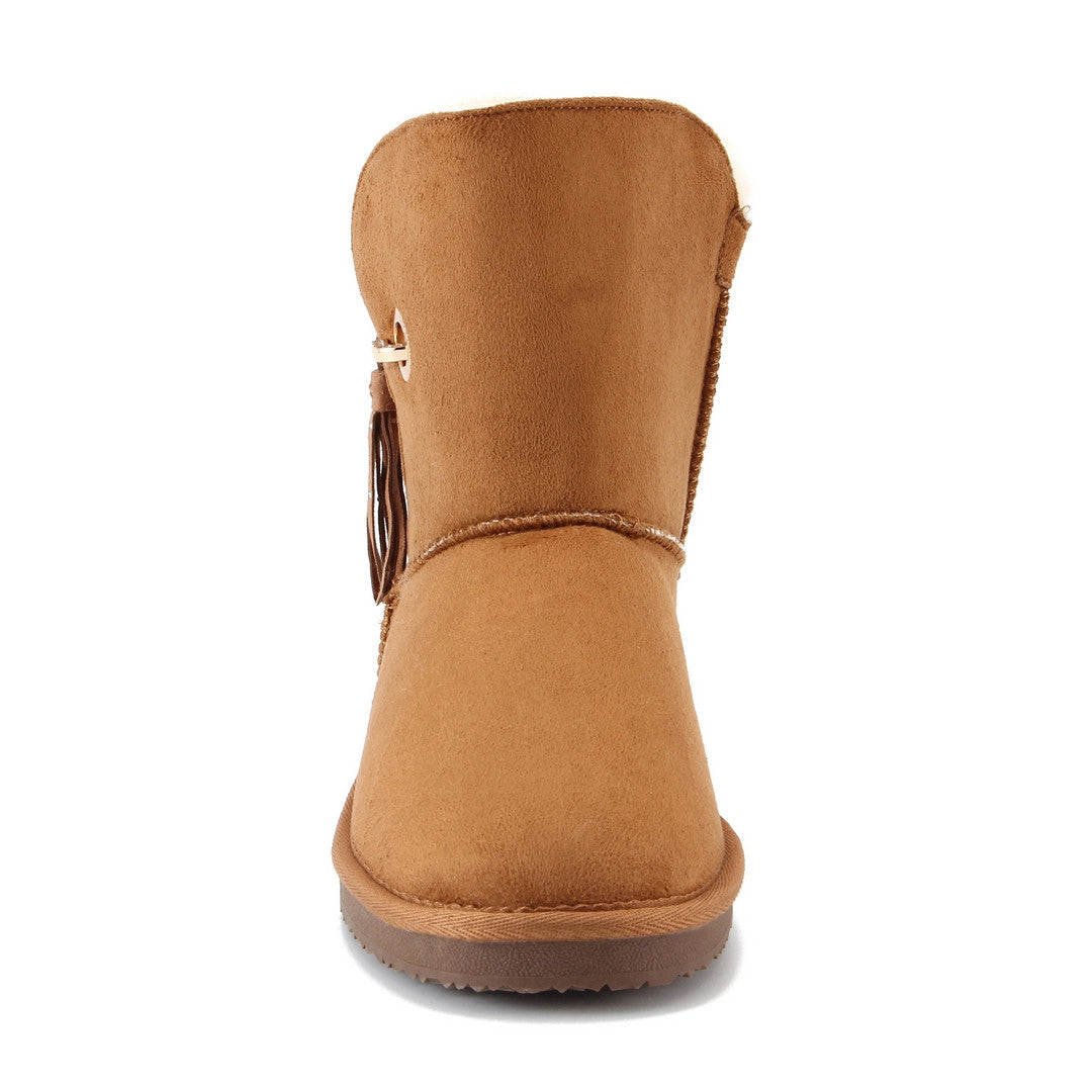 Bottine fourrée Clair camel vue de dos, couture centrale et glands qui retombent