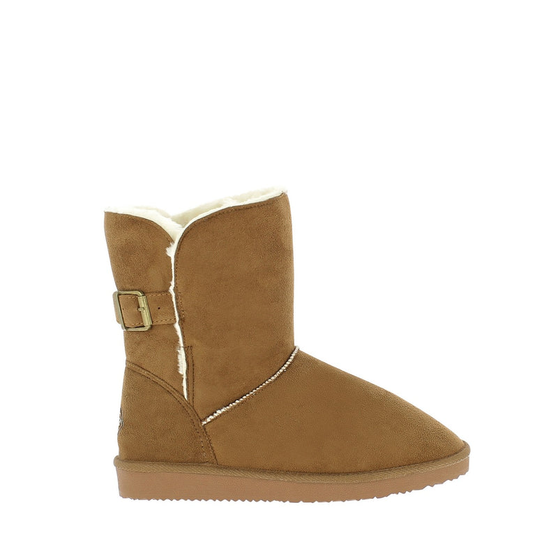 Bottine fourrée Beech camel de trois-quarts, col crème débordant de l'ouverture