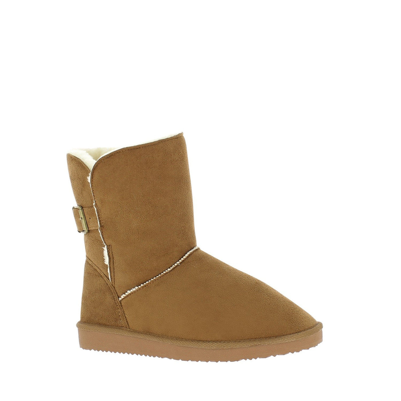 Bottine fourrée Beech camel de profil, boucle laiton sur la bride basse du côté