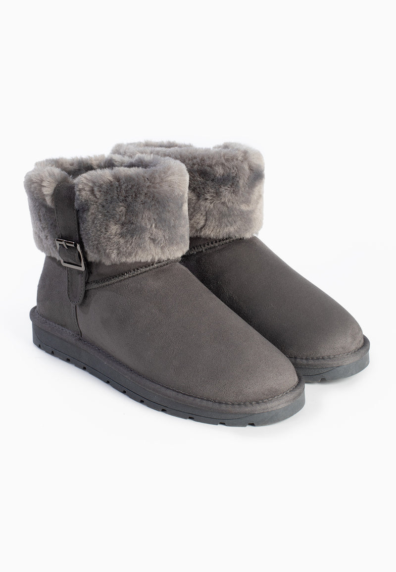 Paire de bottines fourrées Bafina gris foncé de trois-quarts, larges revers de fausse fourrure