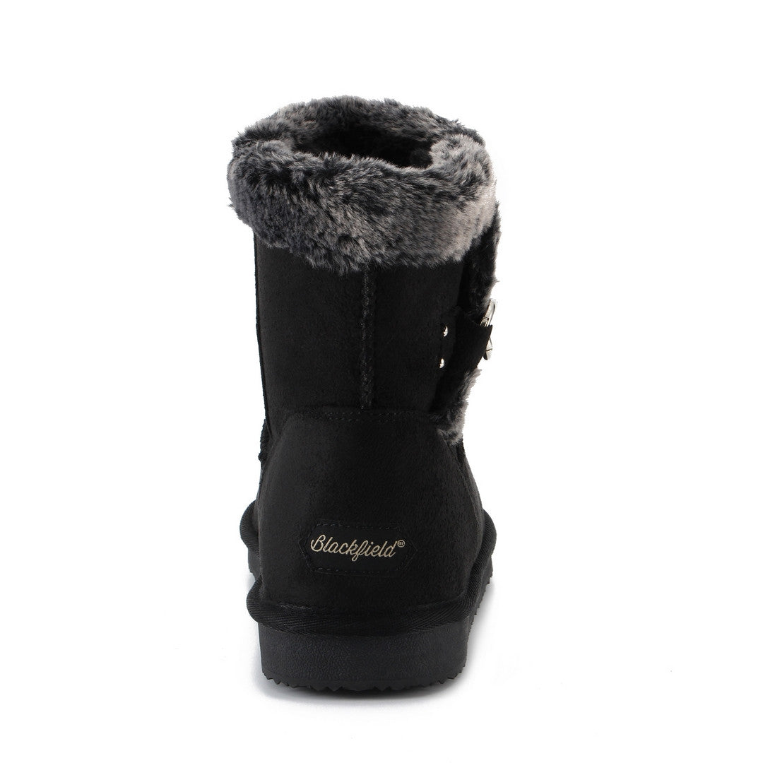 Bottine fourrée Reindeer noire de dos, étiquette Blackfield claire au talon