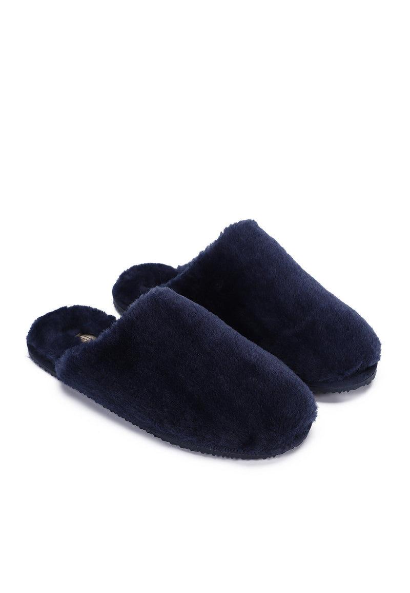 Paire de chaussons fourrés Fraya marine de trois-quarts, repère doré à l'entrée