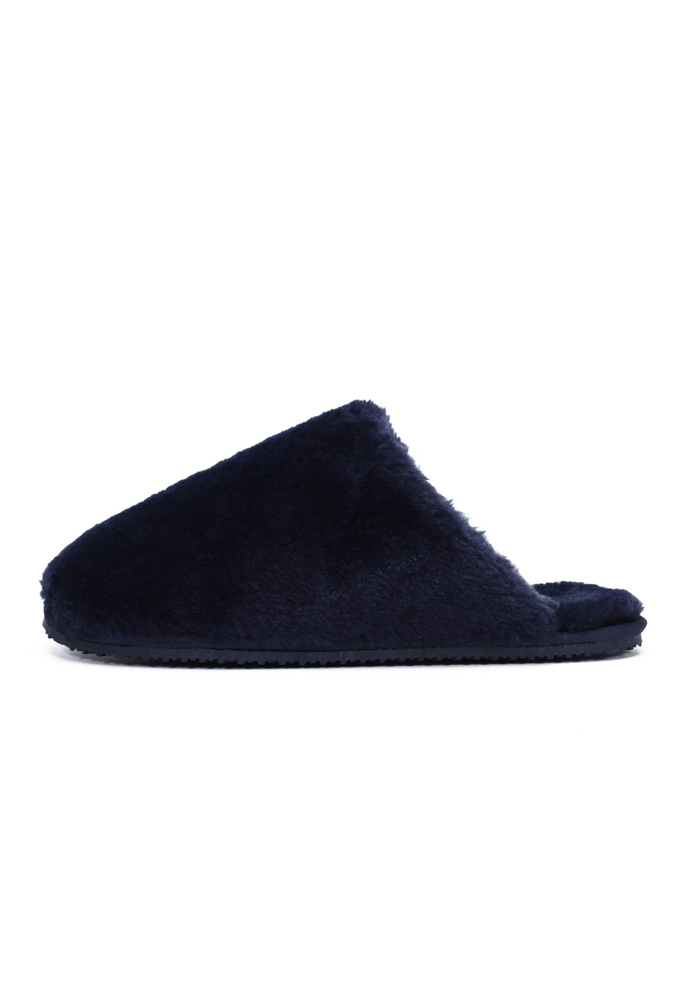 Chausson fourré Fraya marine de profil, autre côté, poil bleu encre bien fourni
