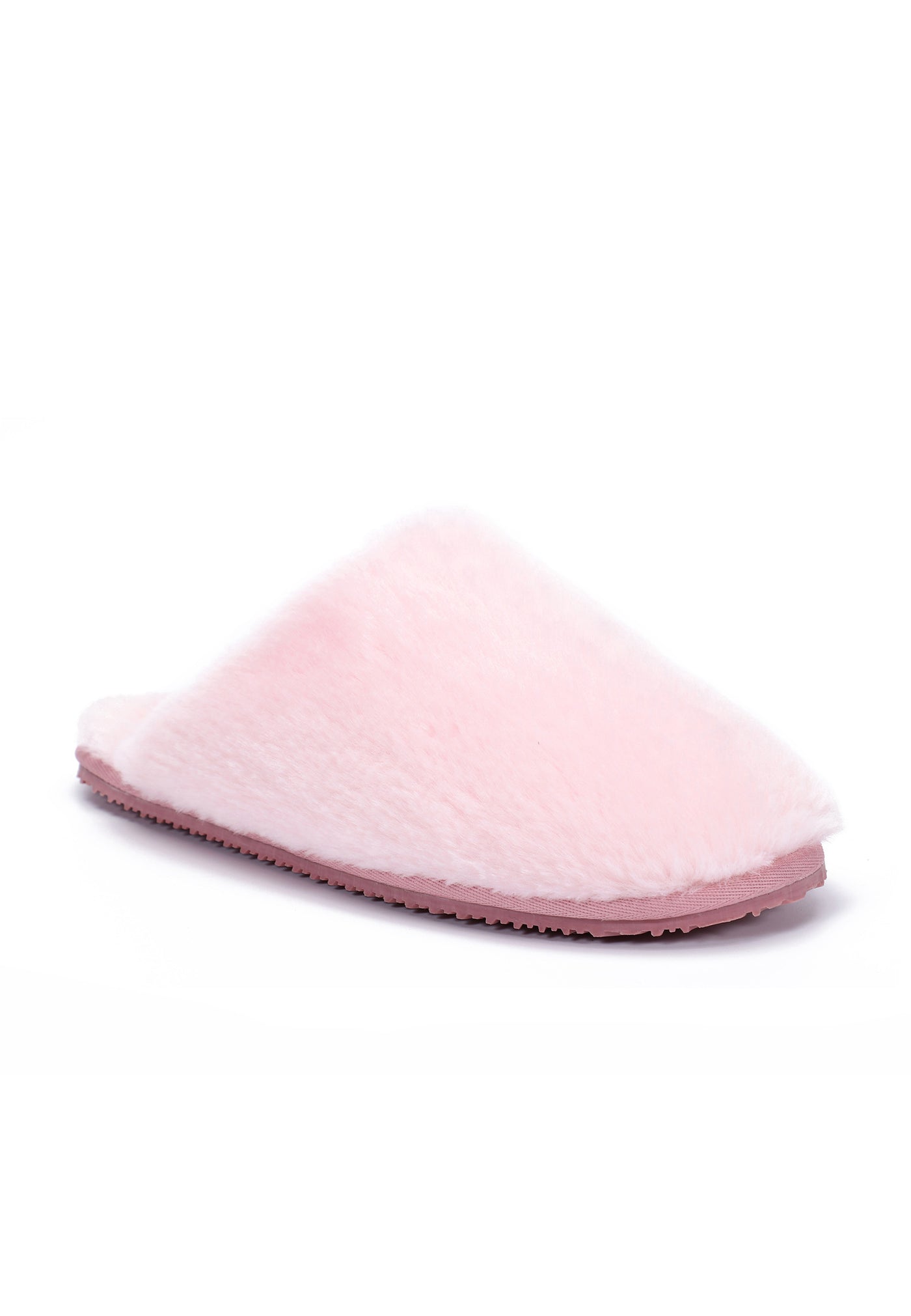 Chausson fourré Fraya rose de trois-quarts avant, pointe arrondie et semelle rose