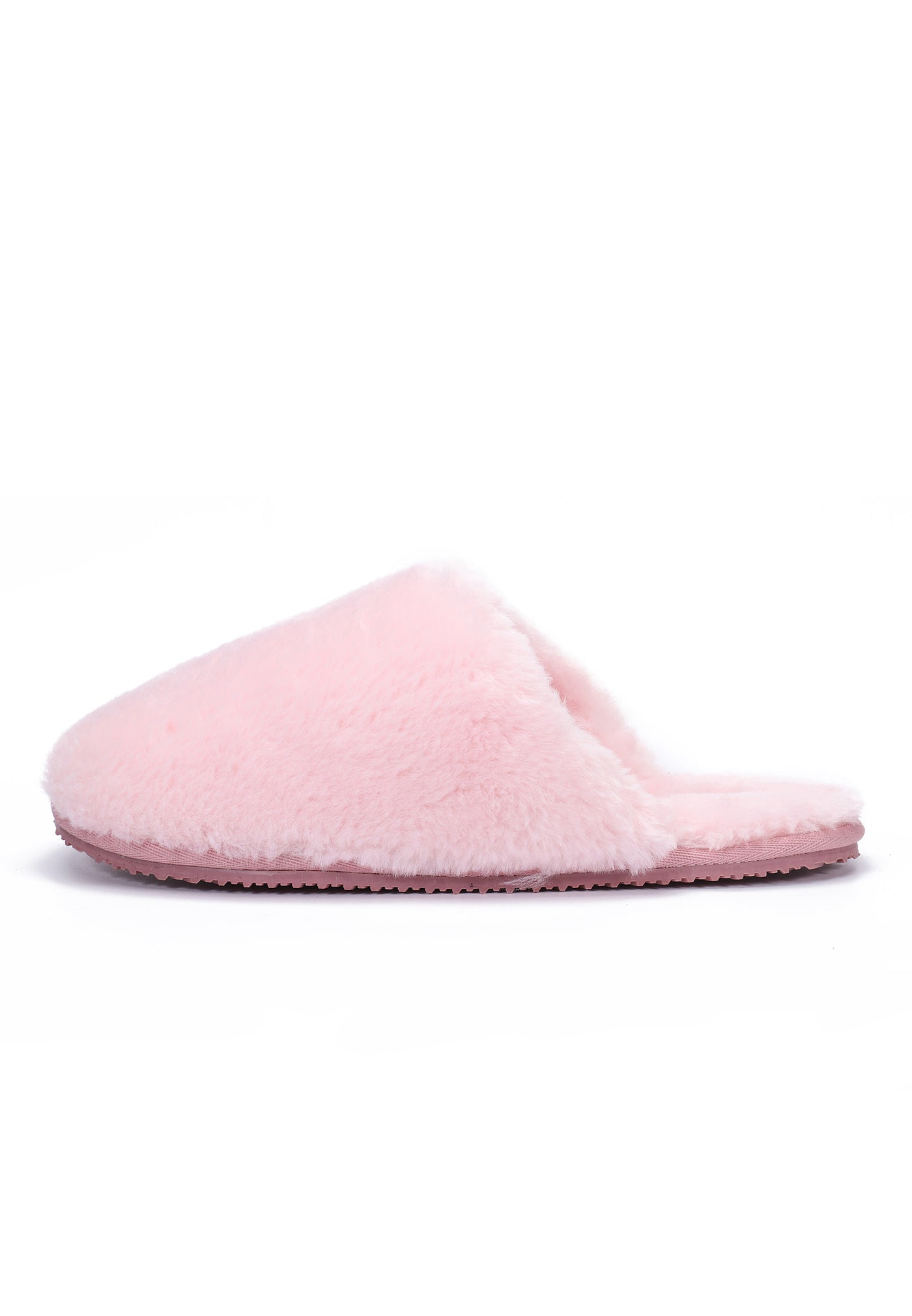 Chausson fourré Fraya rose de trois-quarts, autre côté, poil poudré et semelle rose