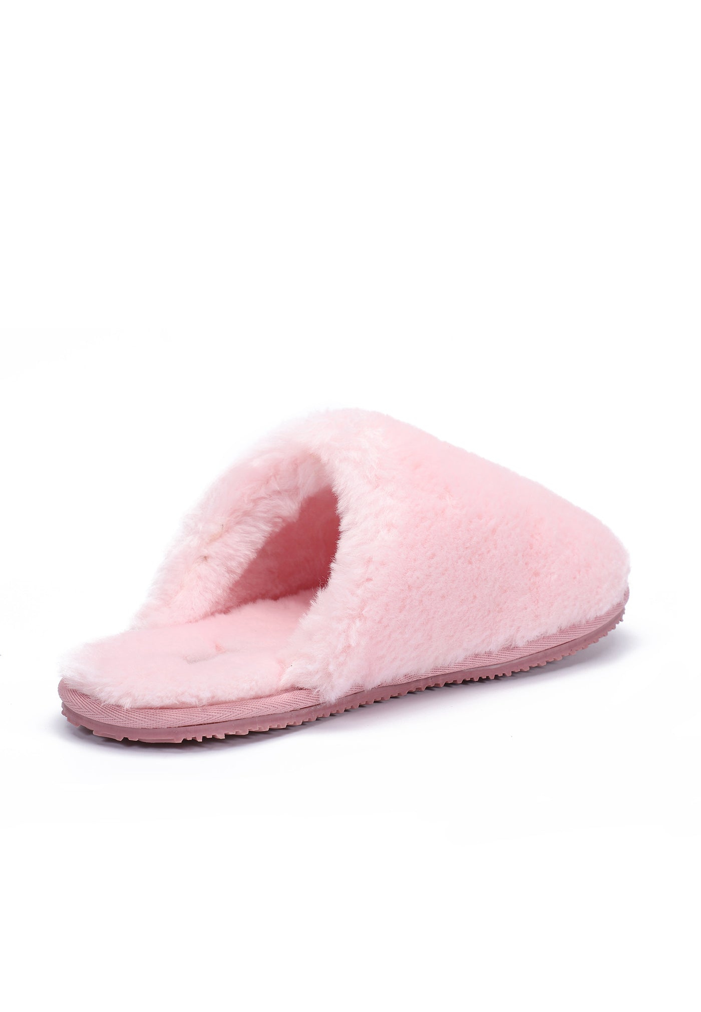 Chausson fourré Fraya rose de trois-quarts arrière, doublure rose pâle et talon ouvert
