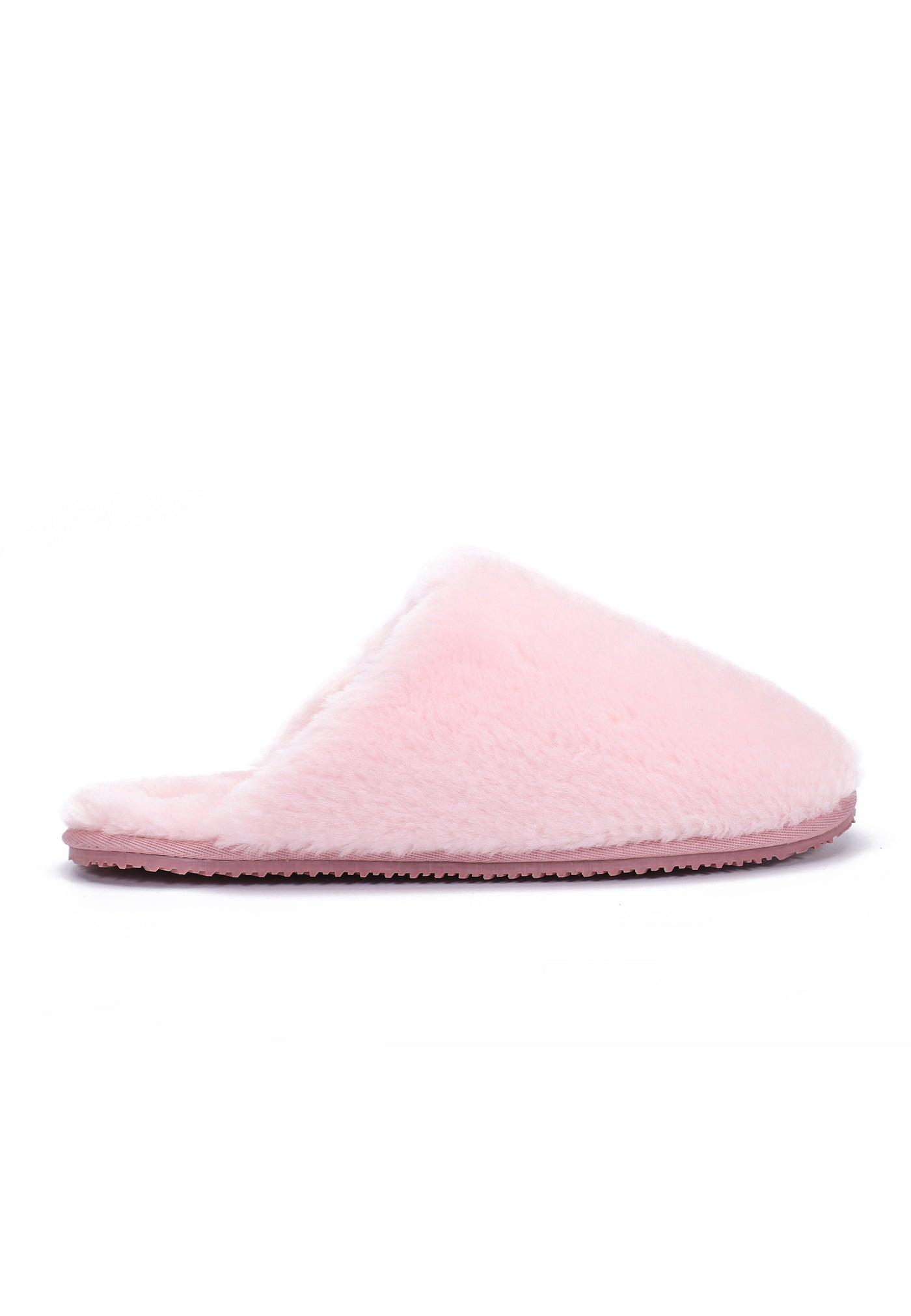 Chausson fourré Fraya rose de profil, semelle rose fine et bout fermé bien arrondi