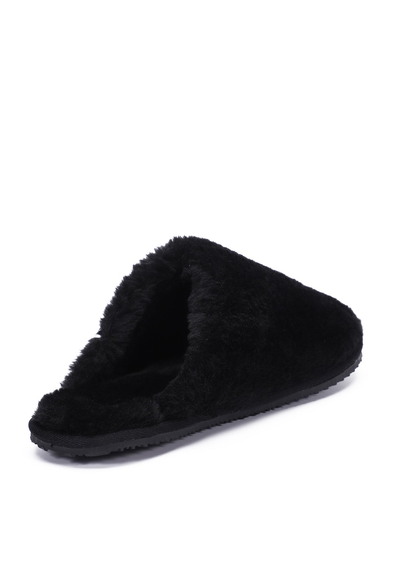 Chausson fourré Fraya noir de trois-quarts arrière, entrée dégagée et doublure noire