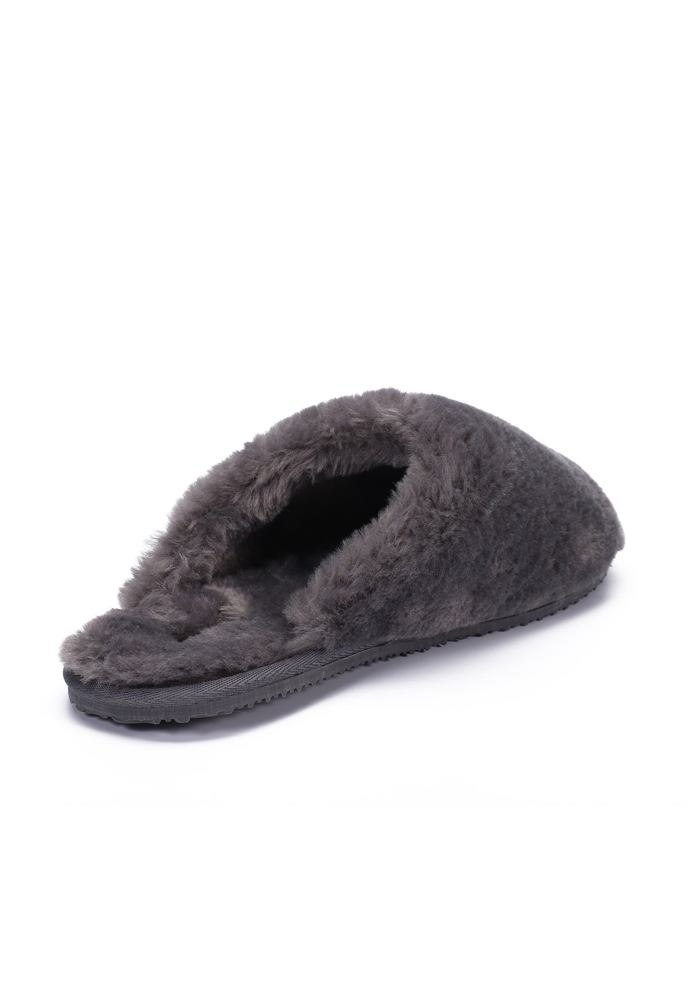 Chausson fourré Fraya gris foncé de trois-quarts arrière, entrée du pied et doublure visibles