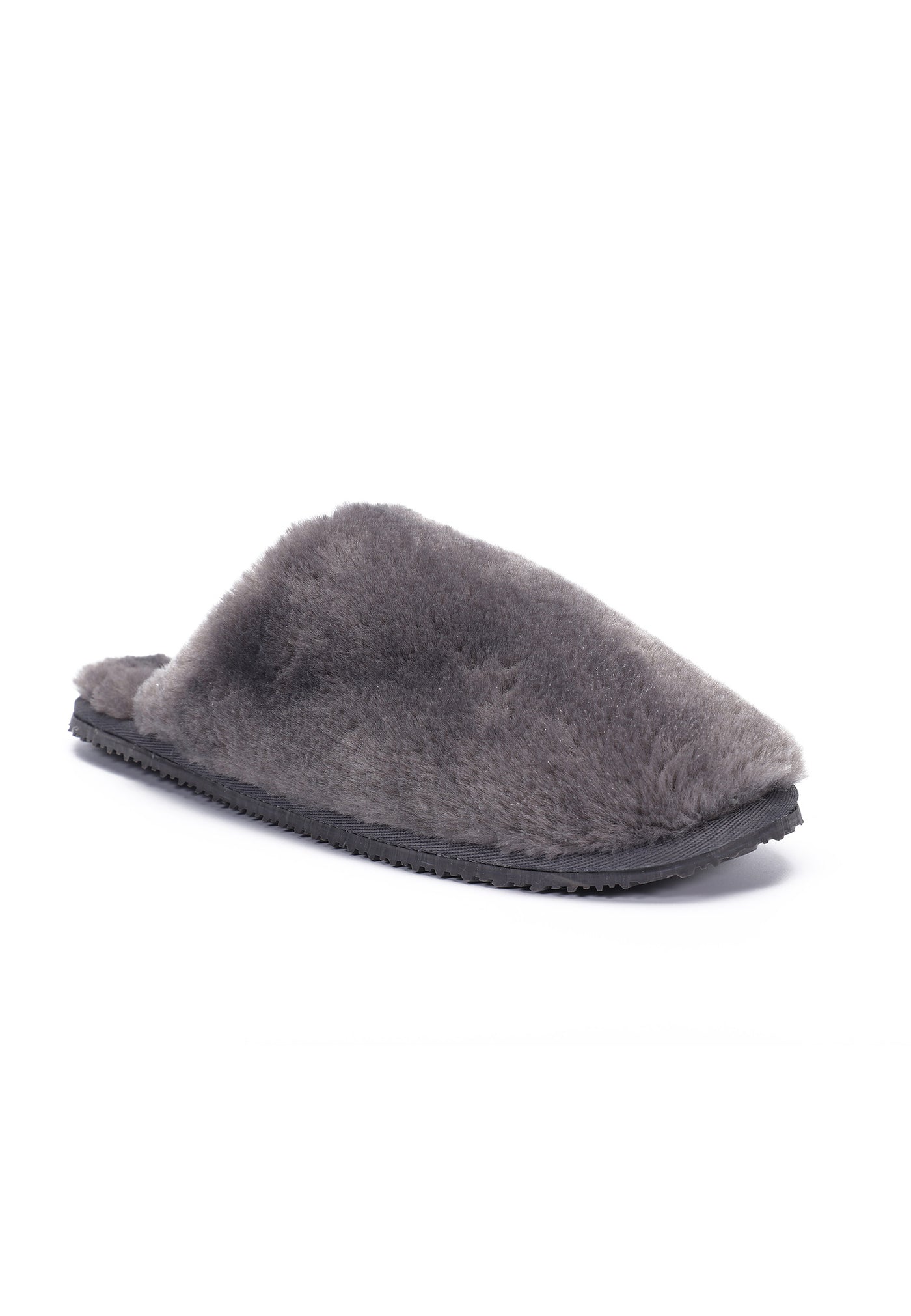 Chausson fourré Fraya gris foncé de trois-quarts avant, pointe arrondie et bord duveteux