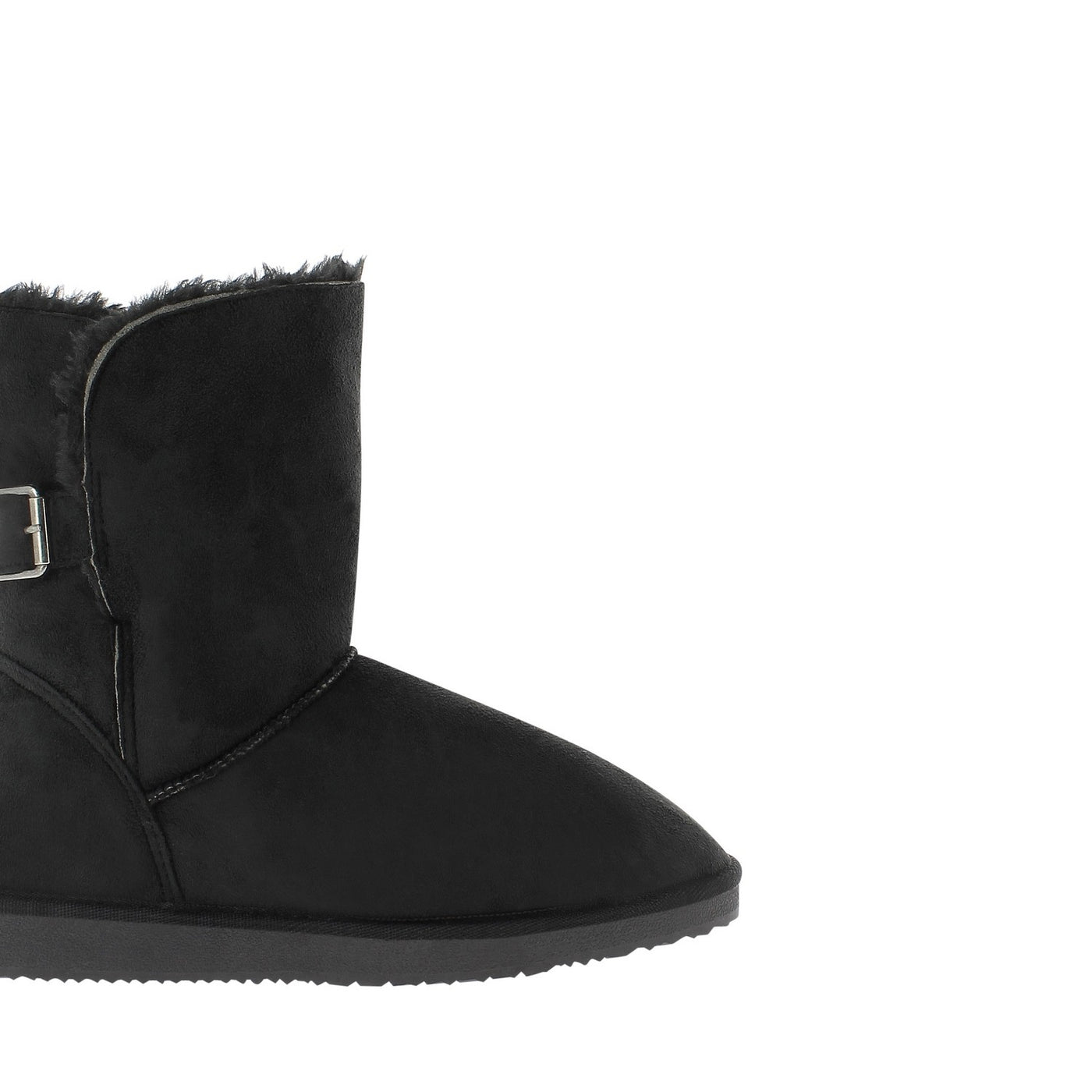 Bottine fourrée Beech noire de près, microfibre mate et boucle carrée argentée