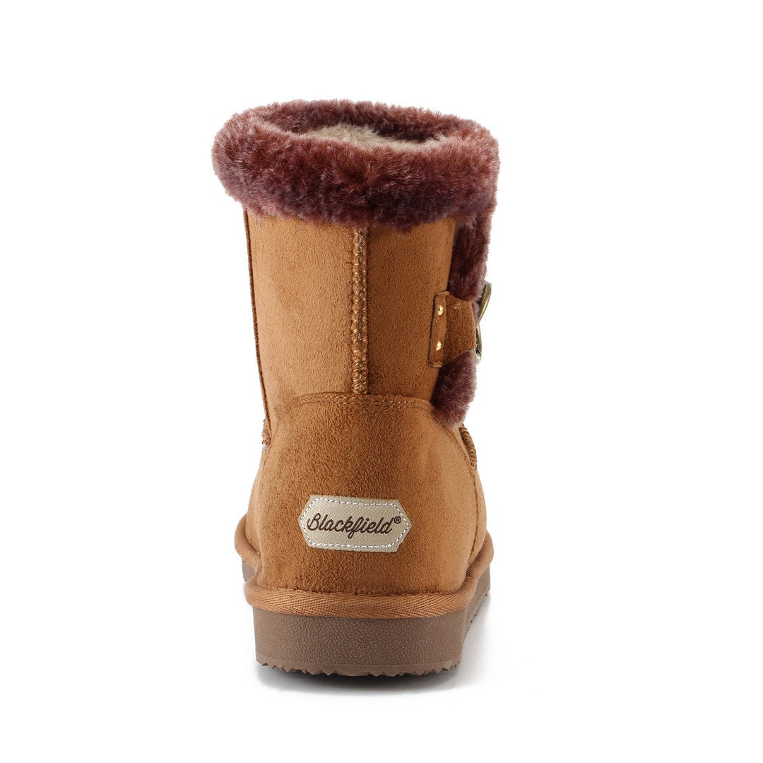 Bottine fourrée Reindeer camel de dos, étiquette Blackfield claire au talon