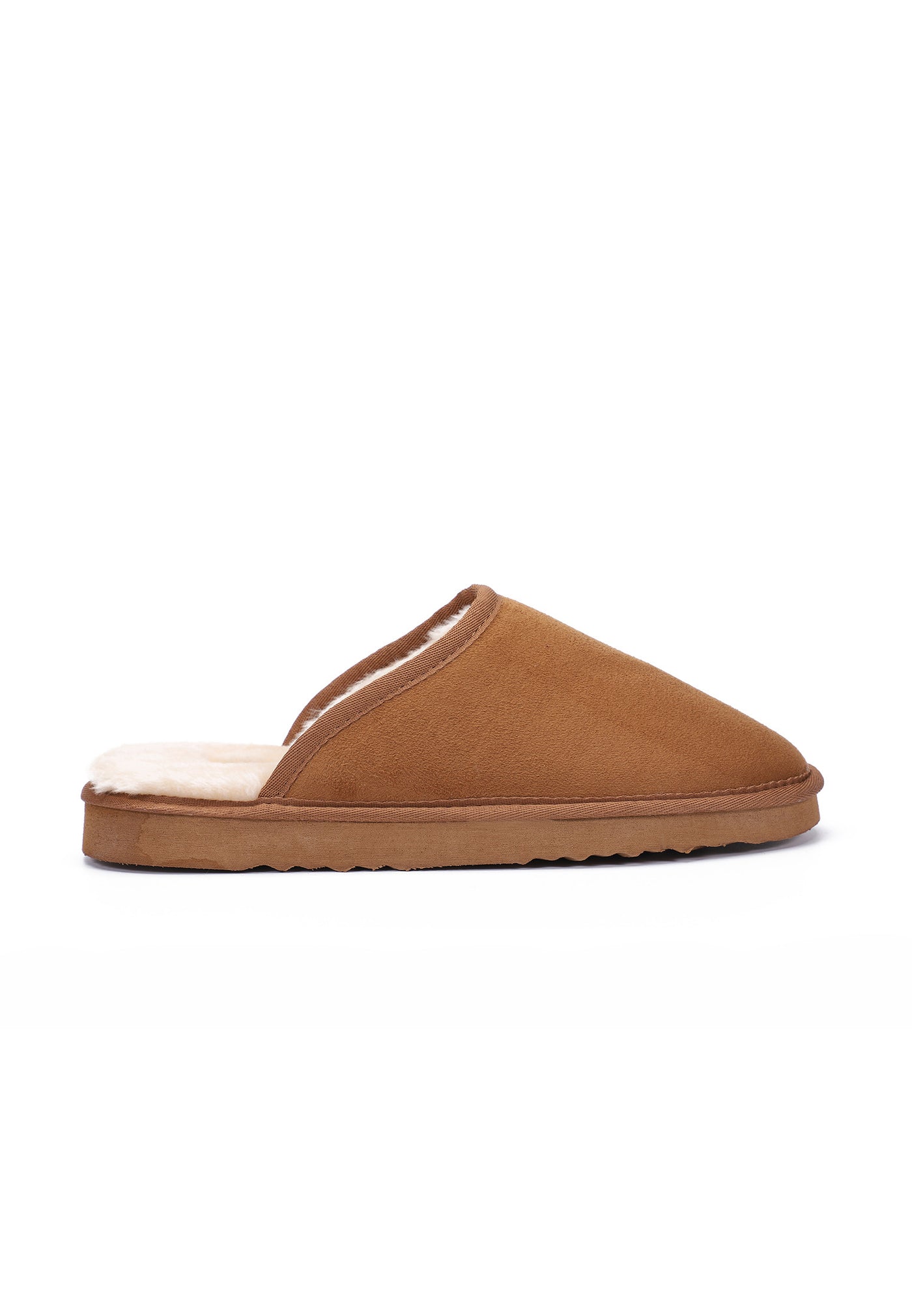Chausson fourré Feven camel de profil, bourrelet crème au bord de l’ouverture