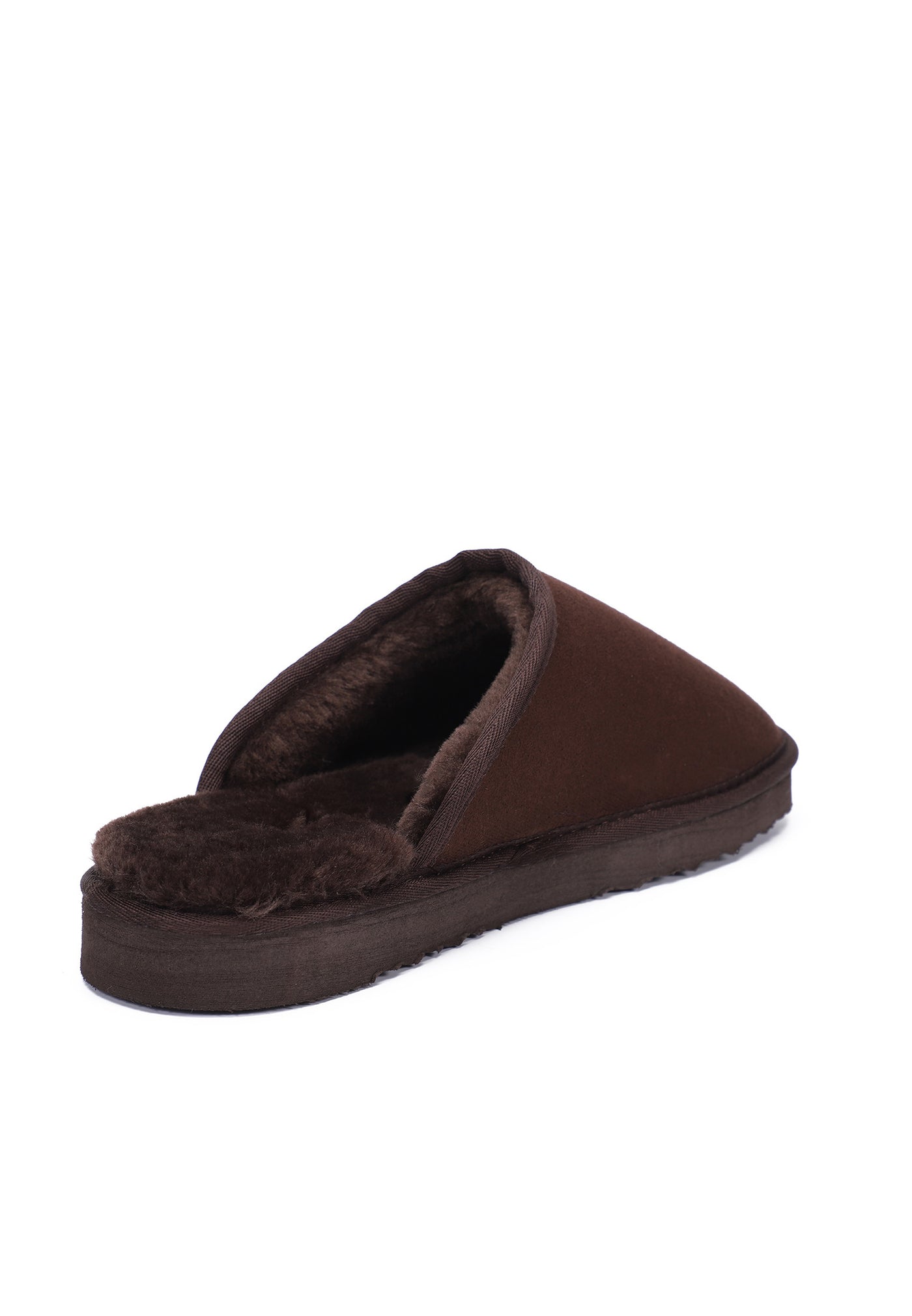 Chausson fourré Feven marron vu de dos, talon ouvert et bourrelet brun