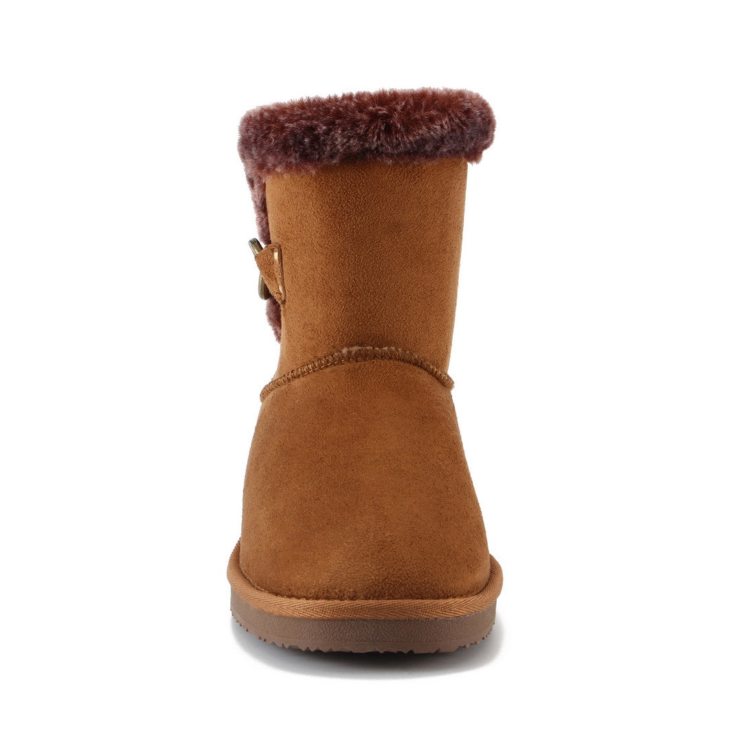 Bottine fourrée Reindeer camel de face, revers prune replié sur le haut de tige