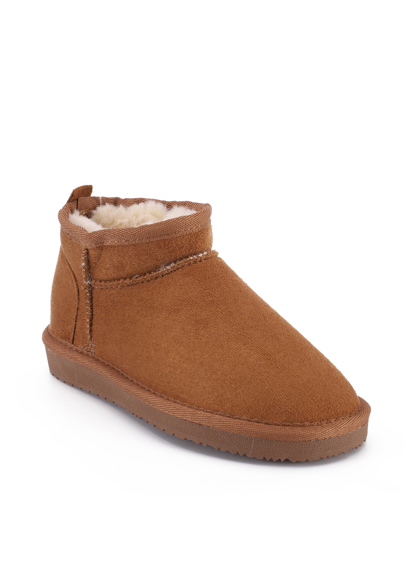 Bottine fourrée Mikela camel de trois-quarts avant, couture le long du quartier