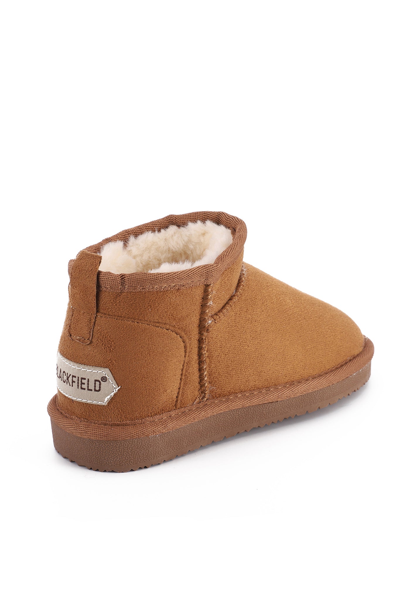 Bottine fourrée Mikela camel de trois-quarts arrière, col crème et fanion Blackfield