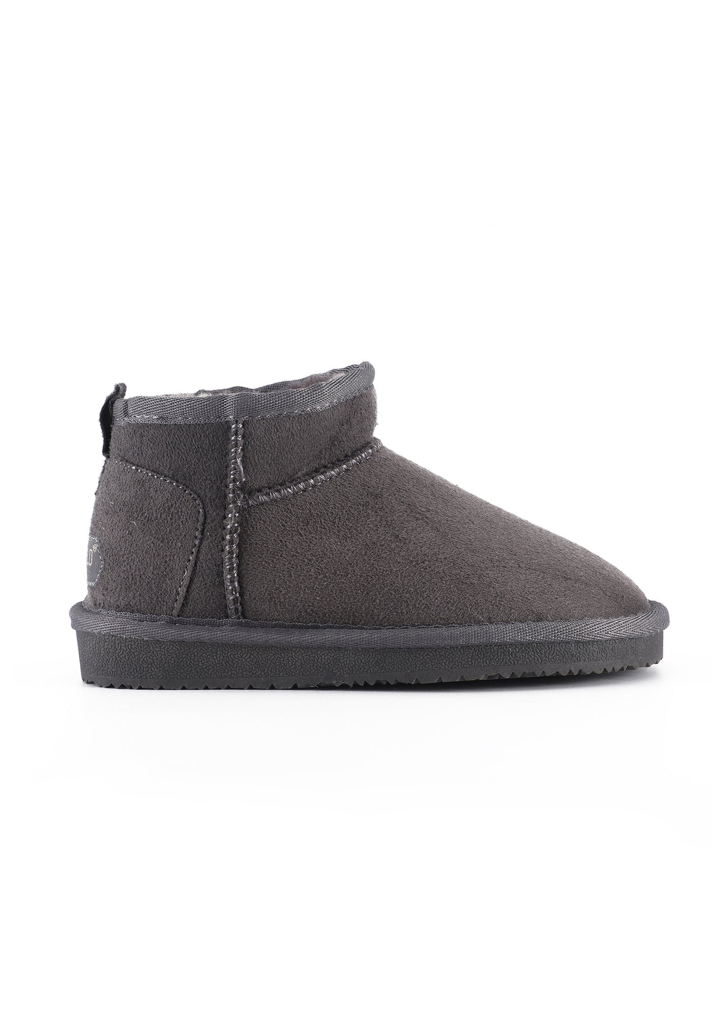 Bottine fourrée Mikela gris foncé de profil, semelle grise et col ton sur ton
