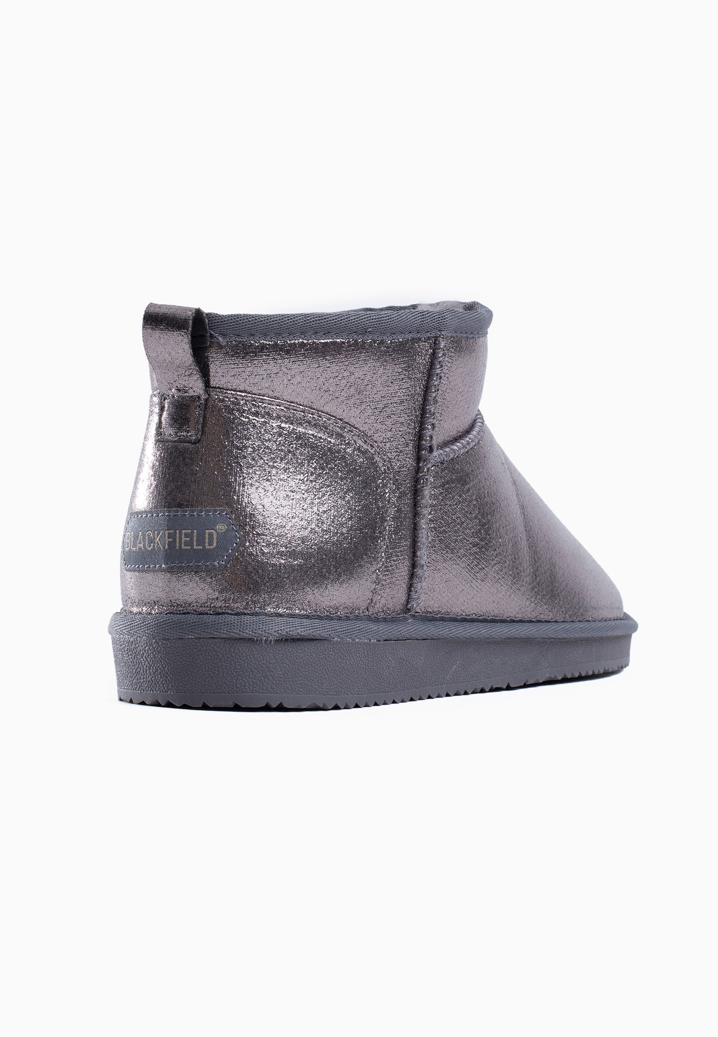 Bottine fourrée Mikela gris métal de trois-quarts arrière, logo gris en creux