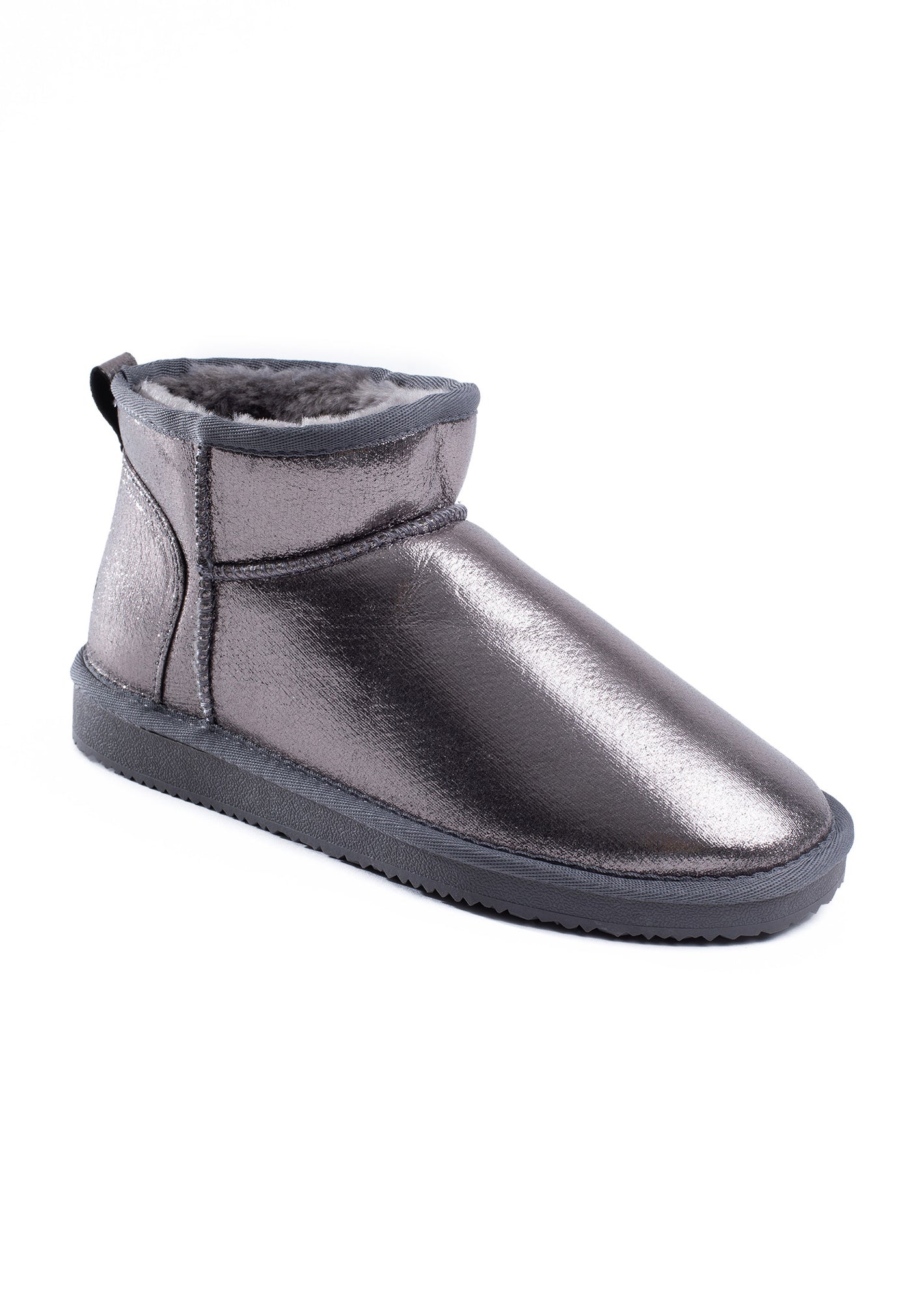 Bottine fourrée Mikela gris métal de trois-quarts avant, semelle grise nervurée