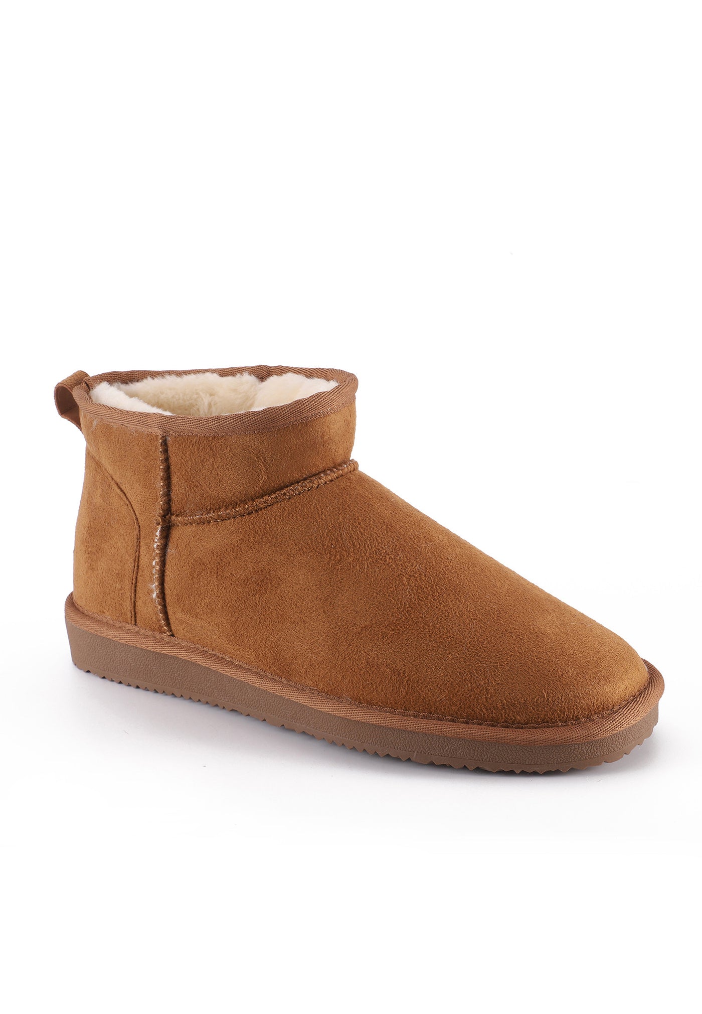 Bottine fourrée Mini Milli camel vue de face, doublure écrue débordant du col retourné