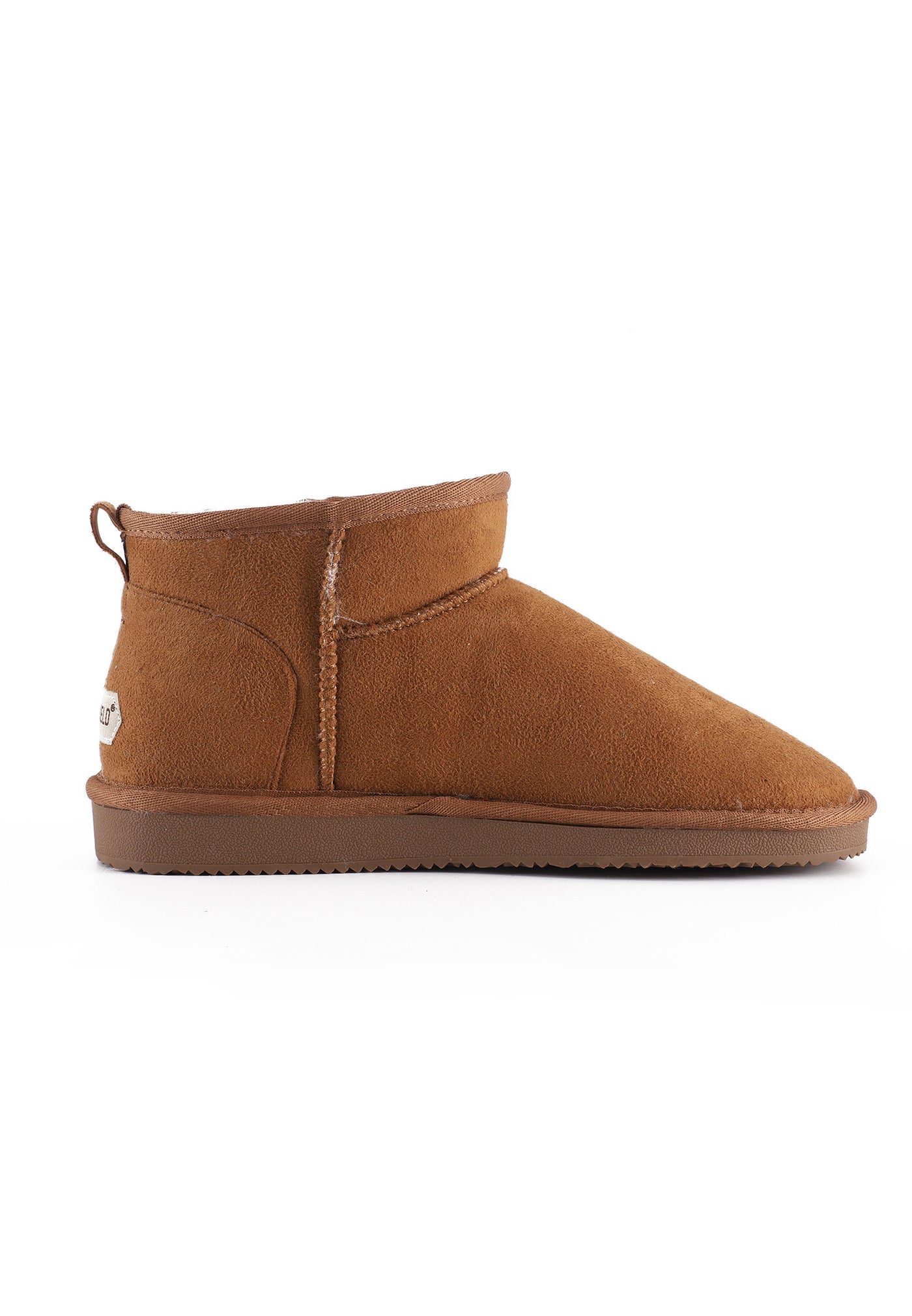 Bottine fourrée Mini Milli camel de profil, semelle caramel crantée et tirette au talon