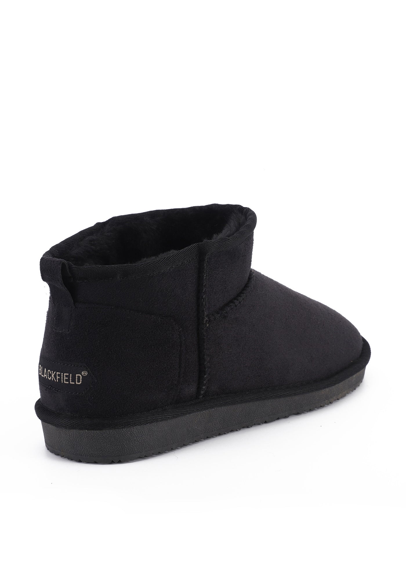 Bottine fourrée Mini Milli noire de trois-quarts arrière, étiquette Blackfield gris clair
