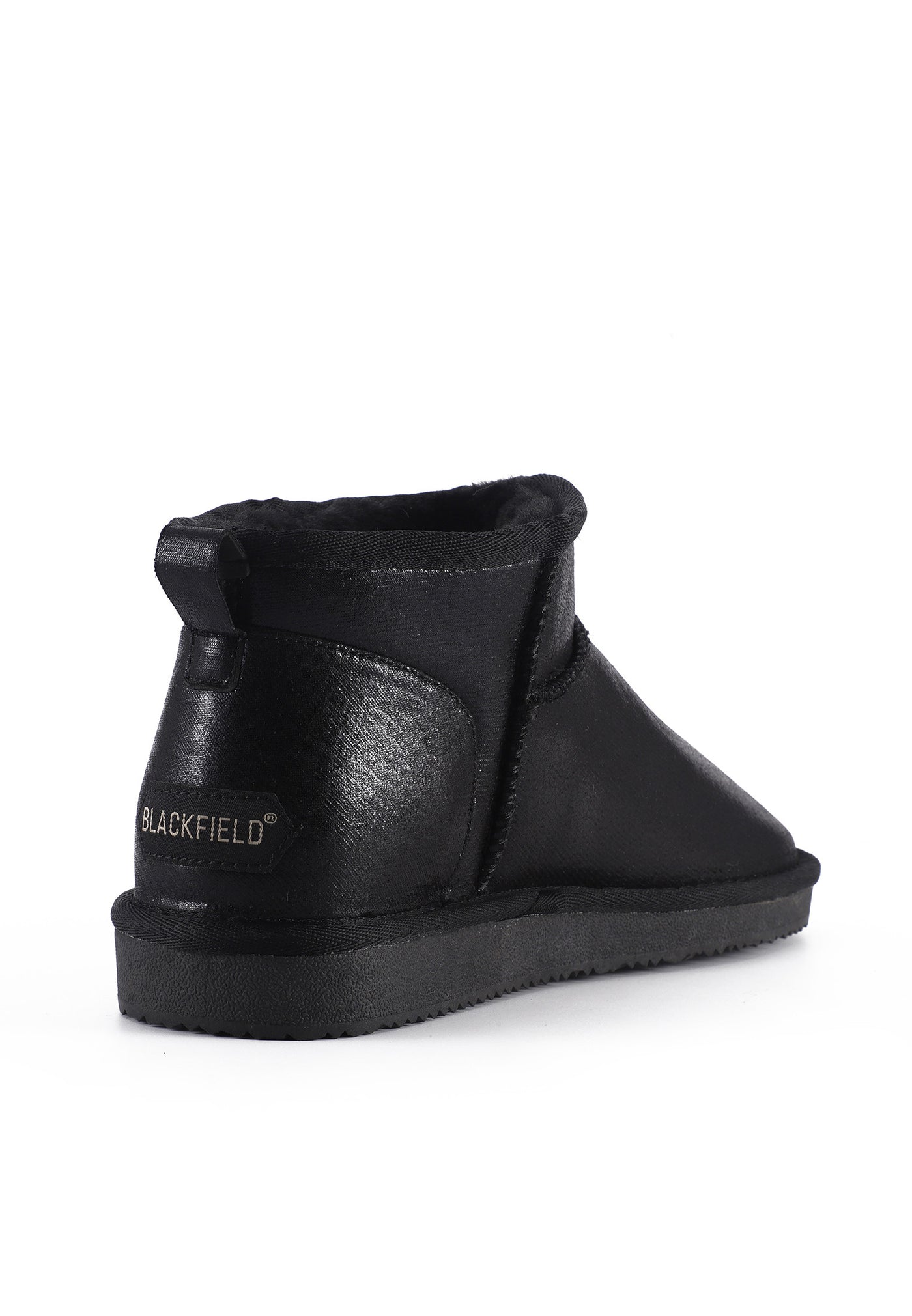 Bottine fourrée Mini Milli noir métal de trois-quarts arrière, étiquette Blackfield au talon