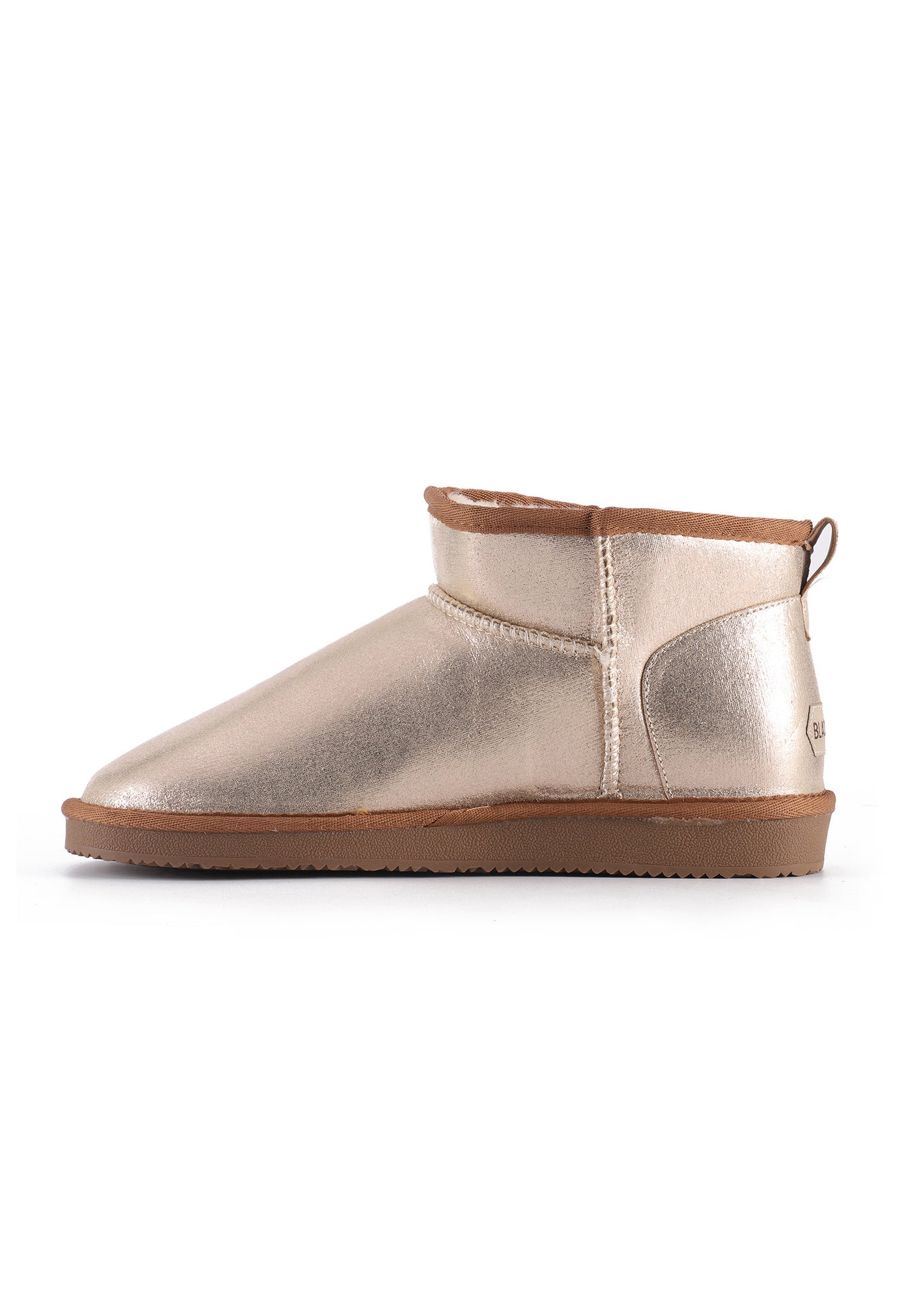Bottine fourrée Mini Milli beige vue de l'autre côté, reflet doré sur le cou-de-pied