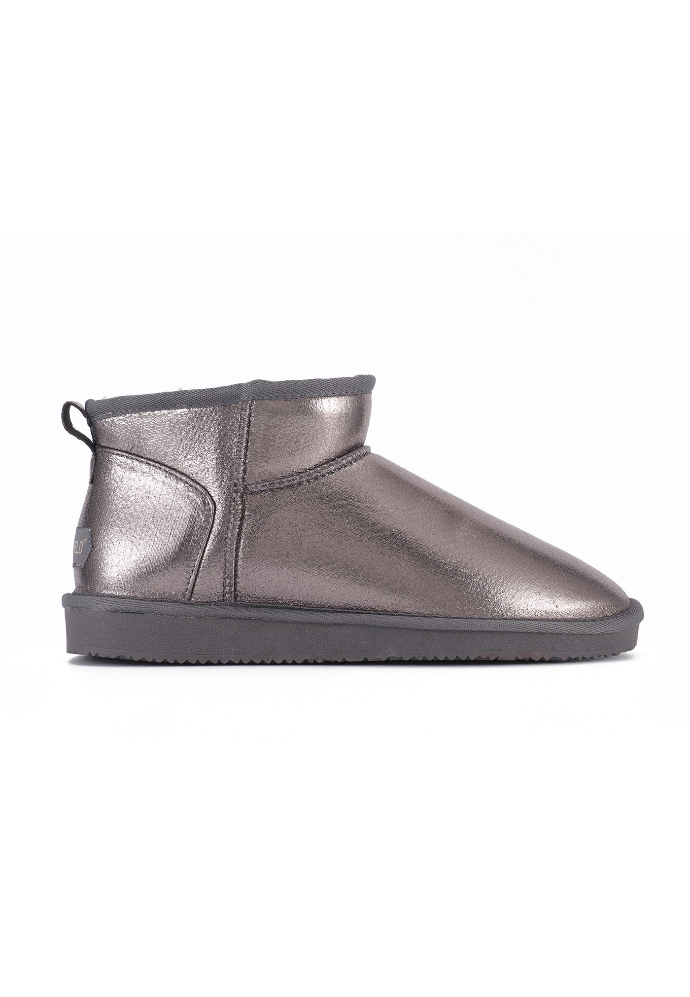 Bottine fourrée Mini Milli gris métal de profil, col gris mat et semelle grise assortie